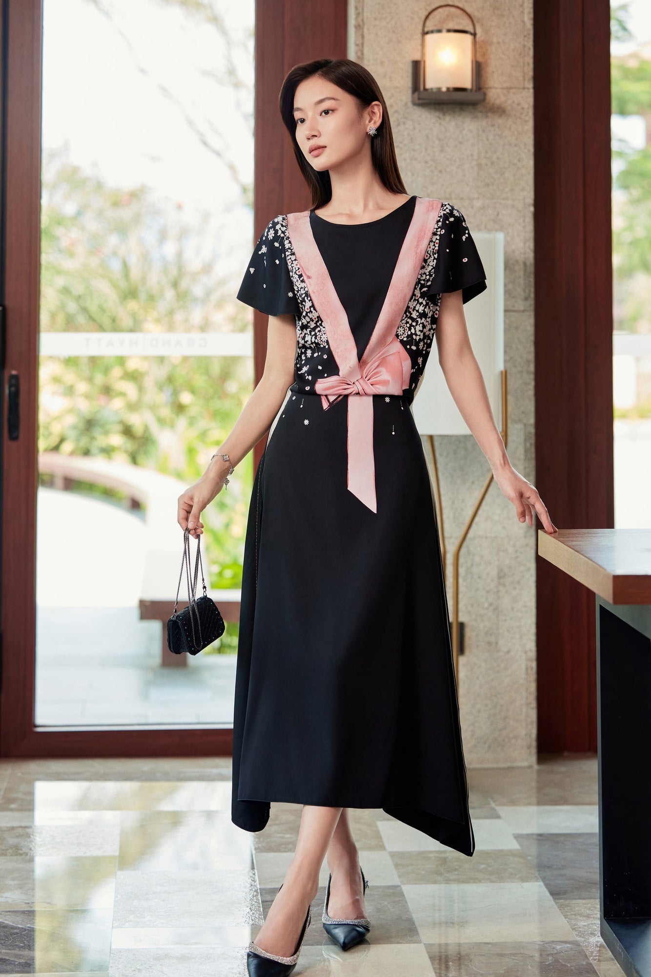 Silk Floral Print Dress | Black