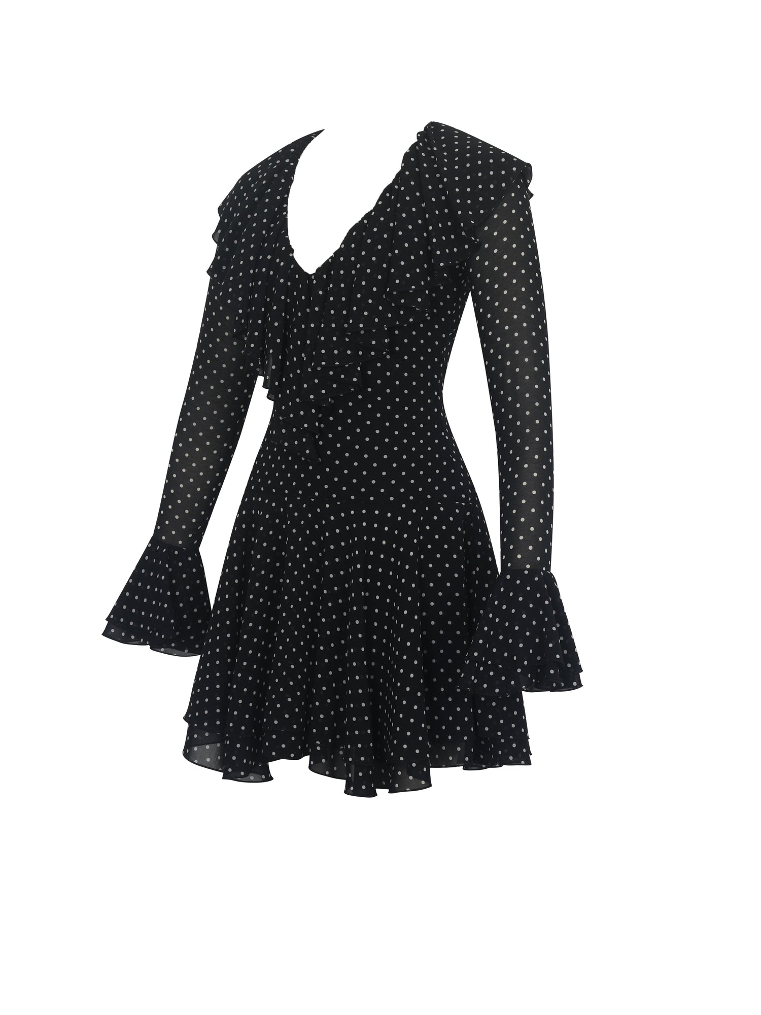Omari Chiffon Polka Dot Ruffled Neckline Mini Dress | Black