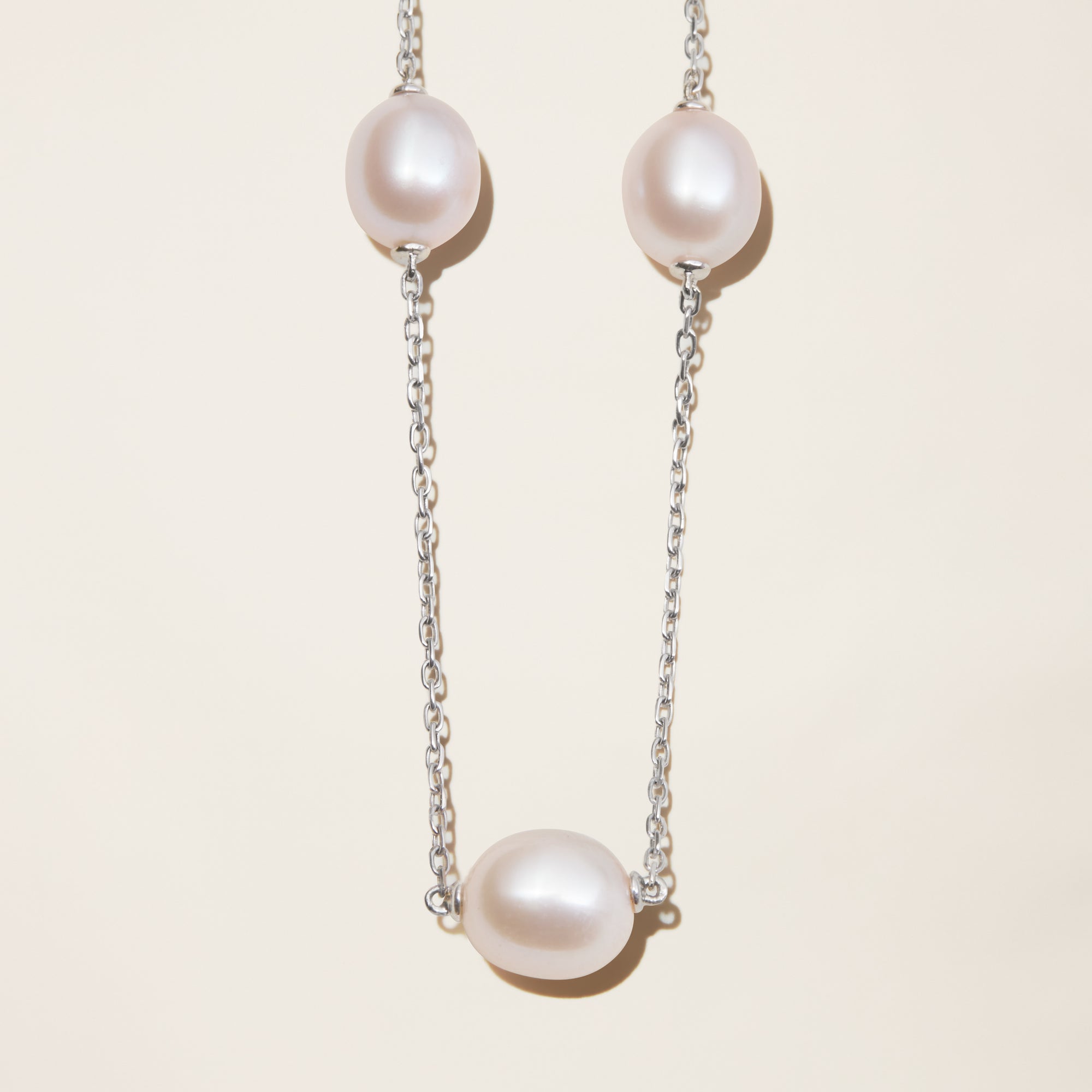 Womens | 14K Solid White Gold | Cultured Pearl Station Necklace | Freshwater Pearls