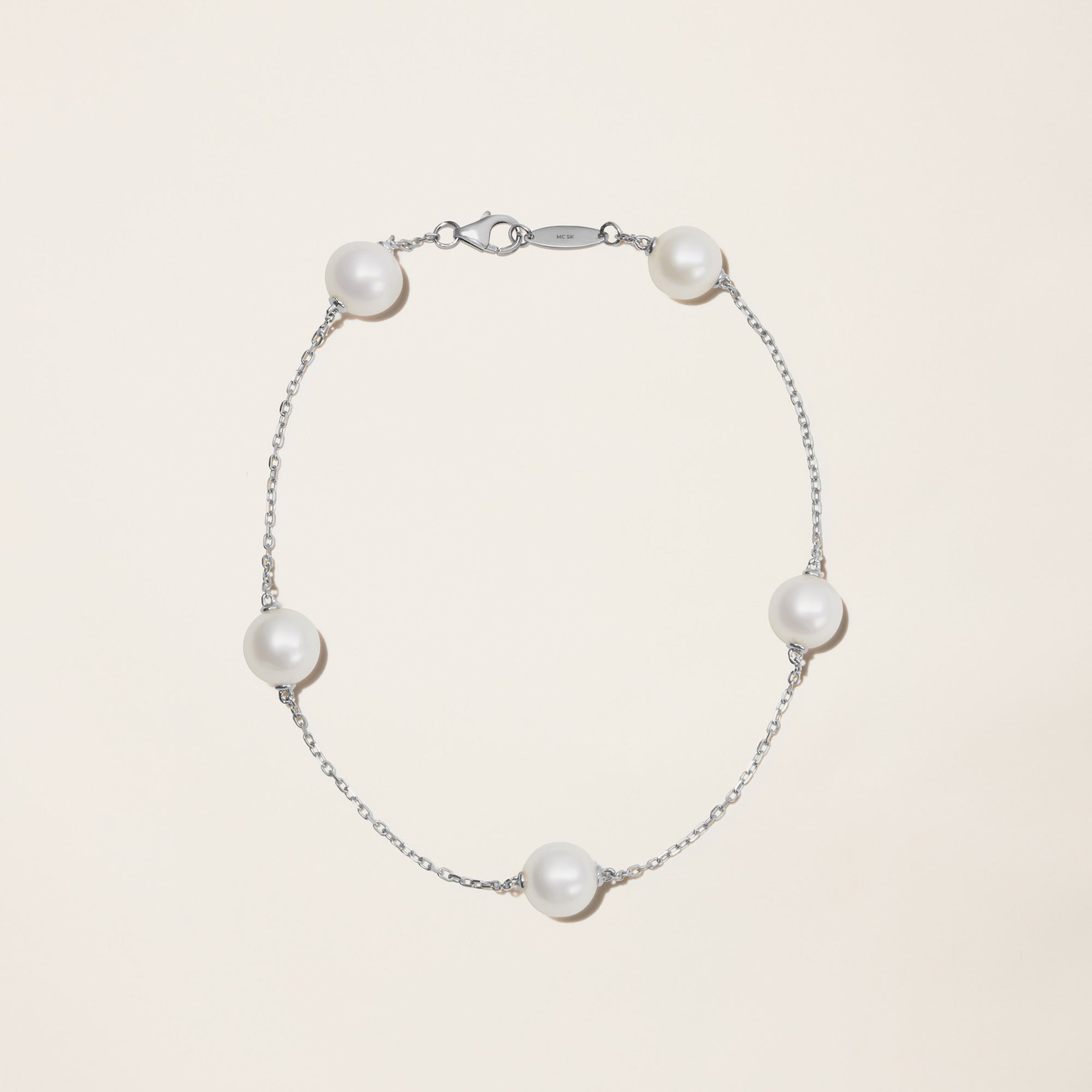 Womens | 14K Solid White Gold | Cultured Pearl Station Bracelet | Freshwater Pearls