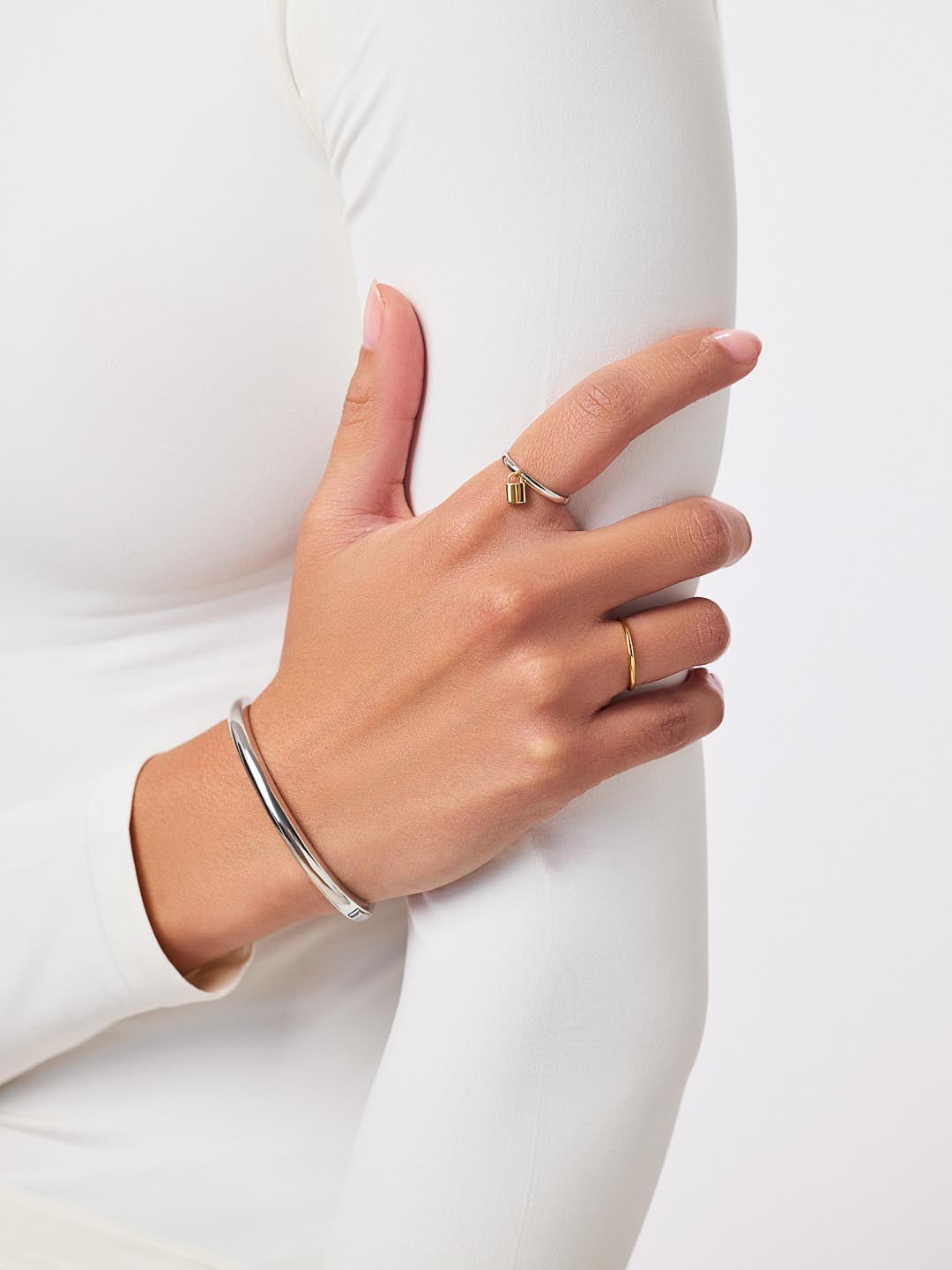 14K Gold Rhodium Plated Charm Rings Padlock Key Two Tone Band Rings For Women Ana Luisa Colter