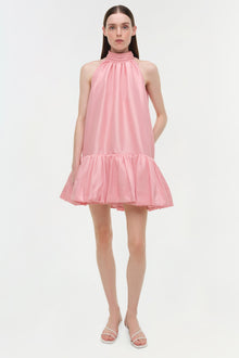 Pink taffeta halter mini dress with ruched high neckline and ruffled drop hem.