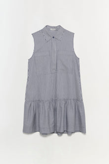 Sleeveless shirt dress with vertical stripes on top and horizontal stripes on bottom in navy and white.