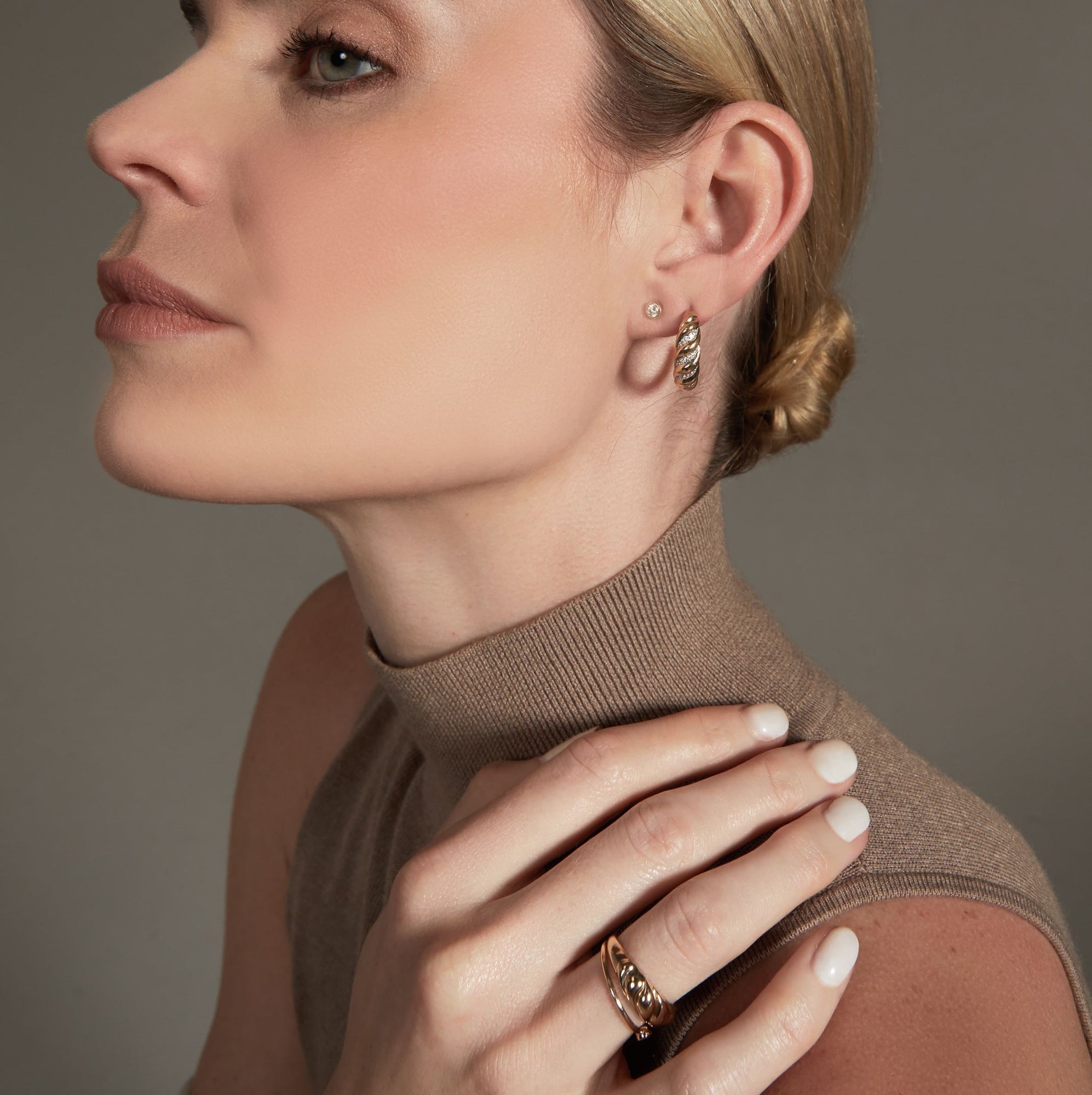 Womens | 14K Solid Yellow Gold | Croissant Hoop Earrings | 0.20 CTW Diamonds