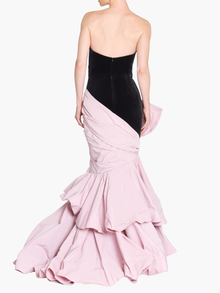 Stretch Velvet Strapless Gown With Draped Cotton Structure | Black/Blush