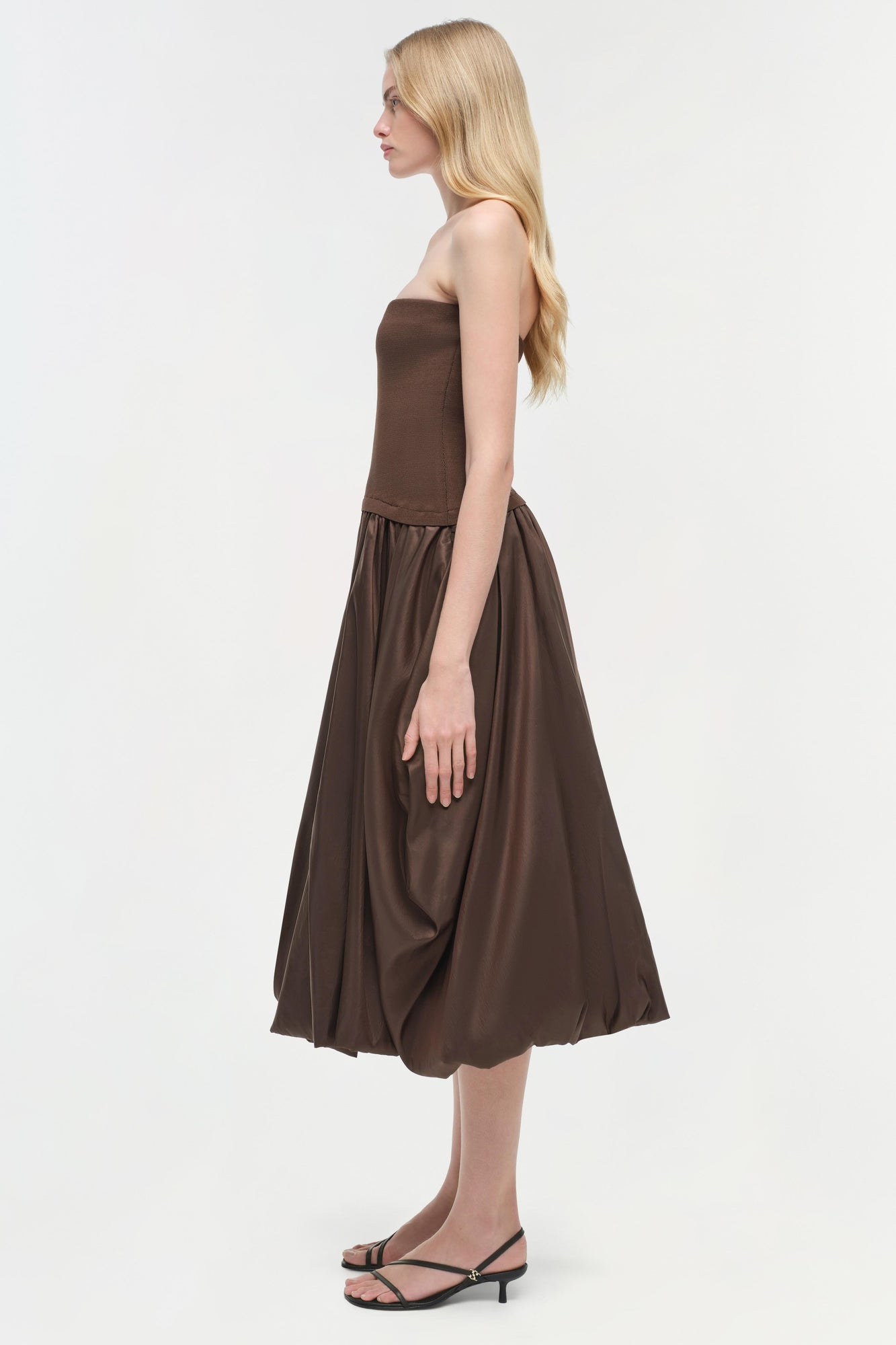 Womens | Izzy Strapless Taffeta Midi Dress | Cocoa