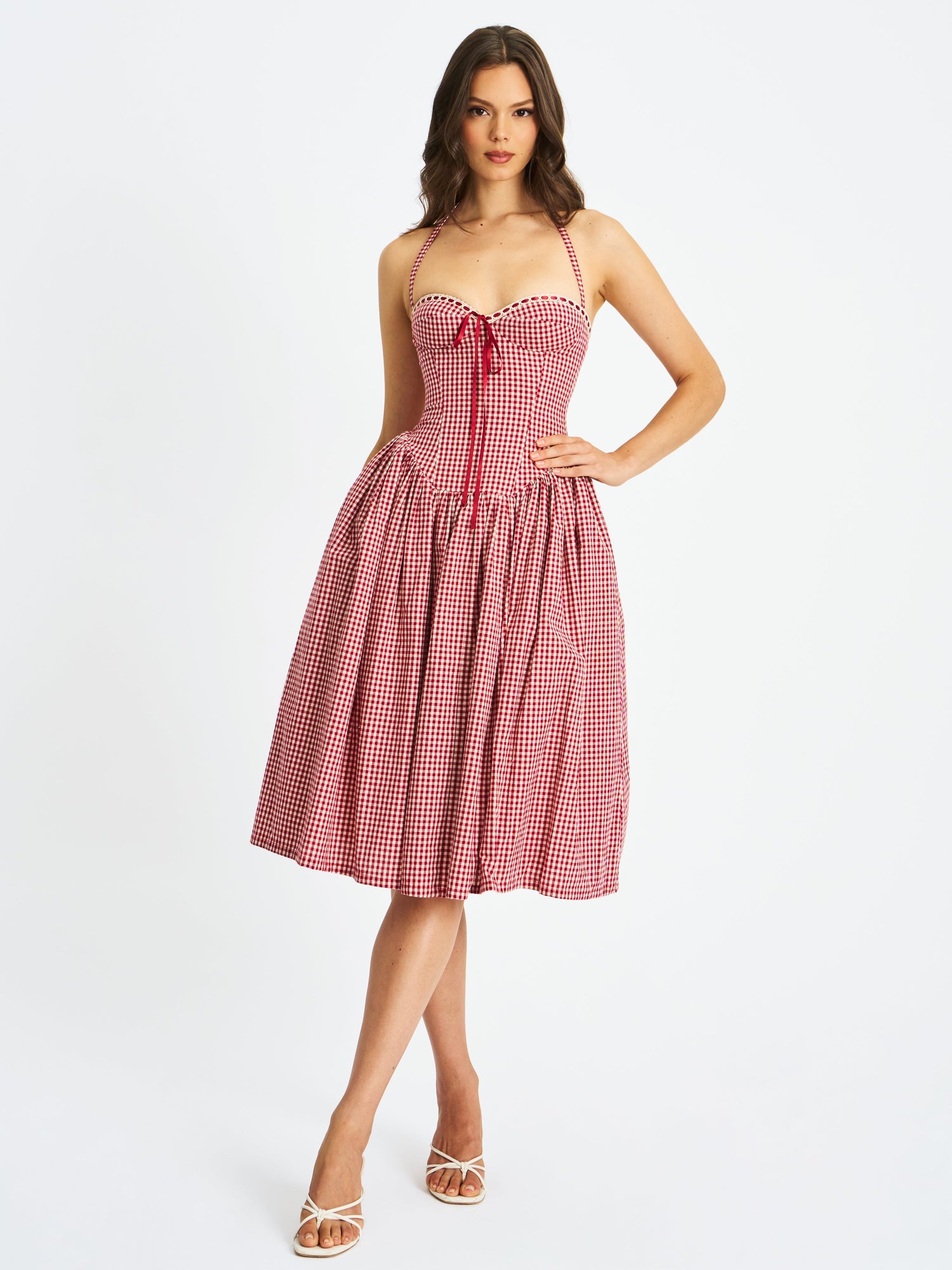 Susanna Red Cotton Gingham Drop Waist Midi Dress | Red Gingham