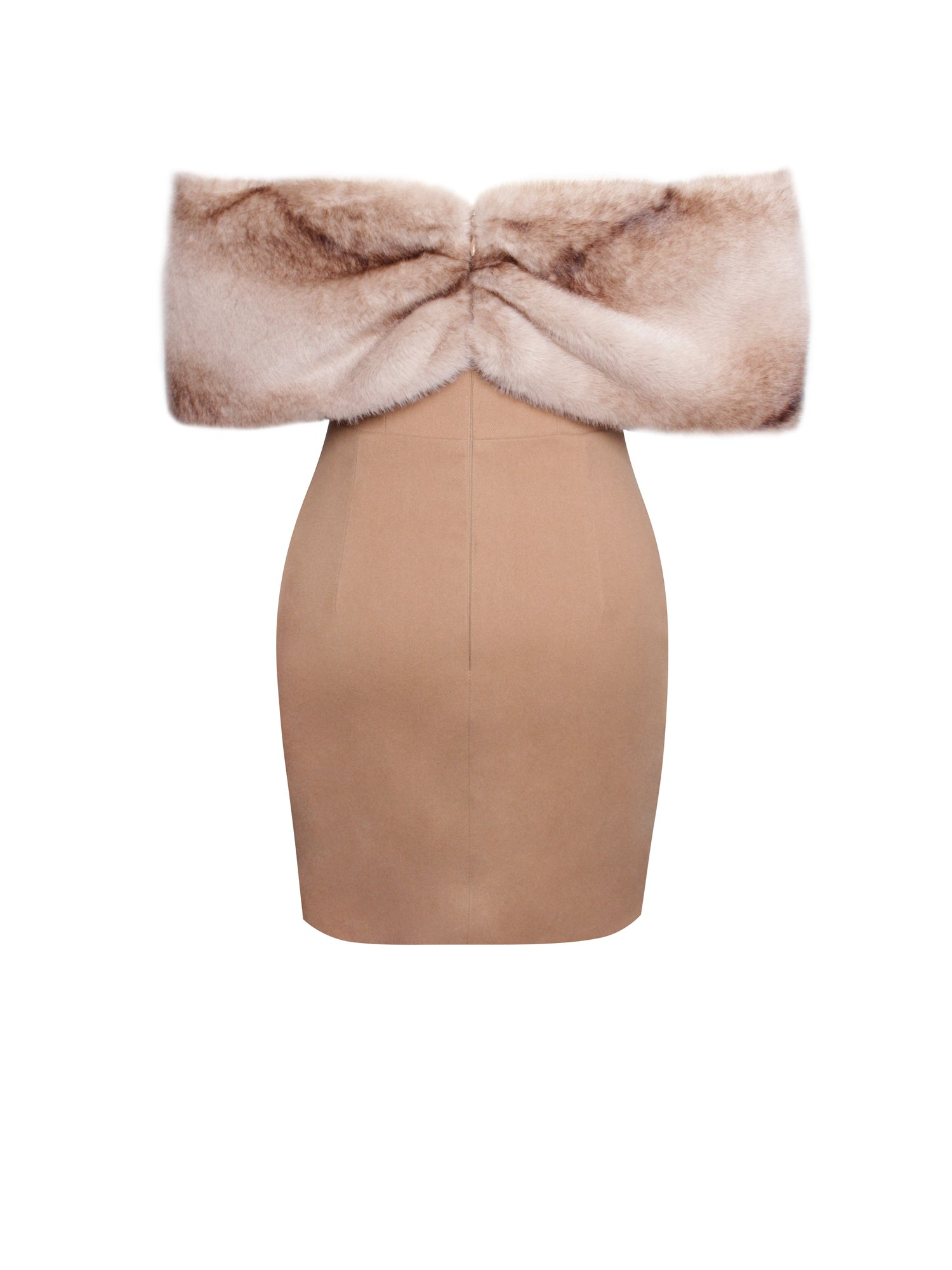 Nadira Off Shoulder Fur Trim Mini Dress | Beige