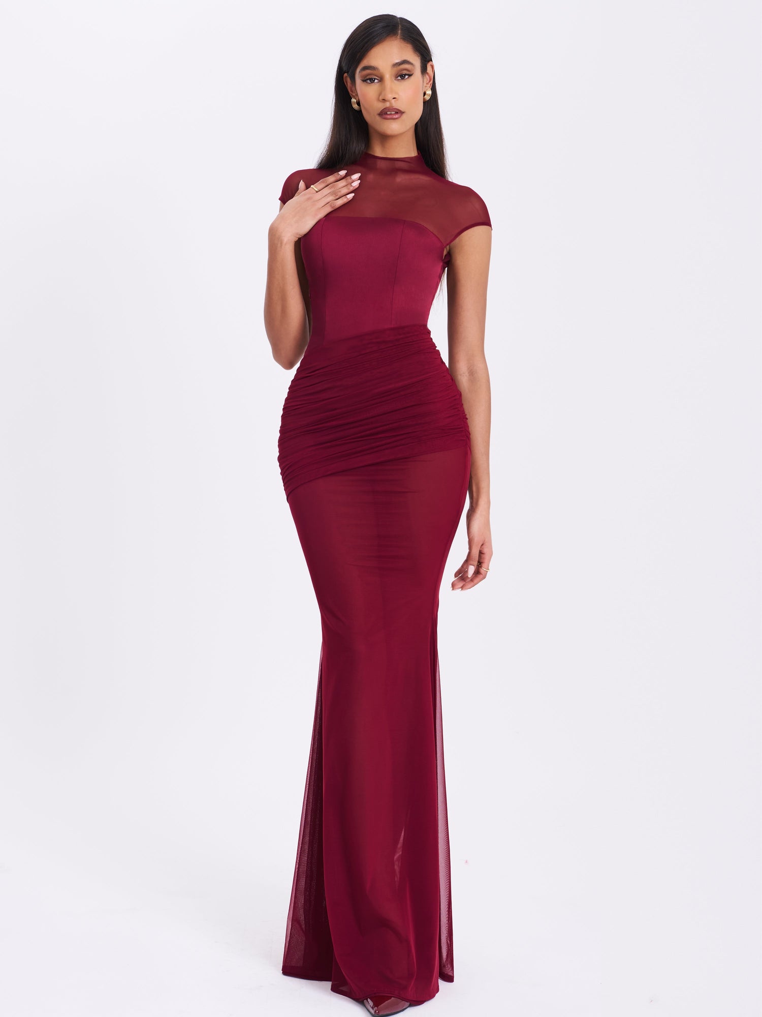 Fabienne Mesh Cap Sleeve Mermaid Gown | Burgundy