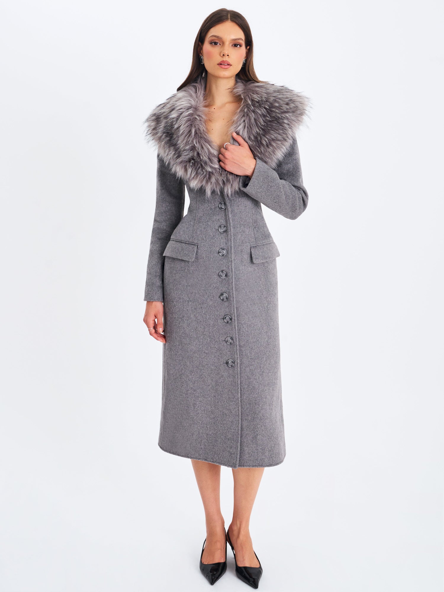 Faye Wool Blend Single-Breasted Coat with Removable Faux Fur Collar | Grey