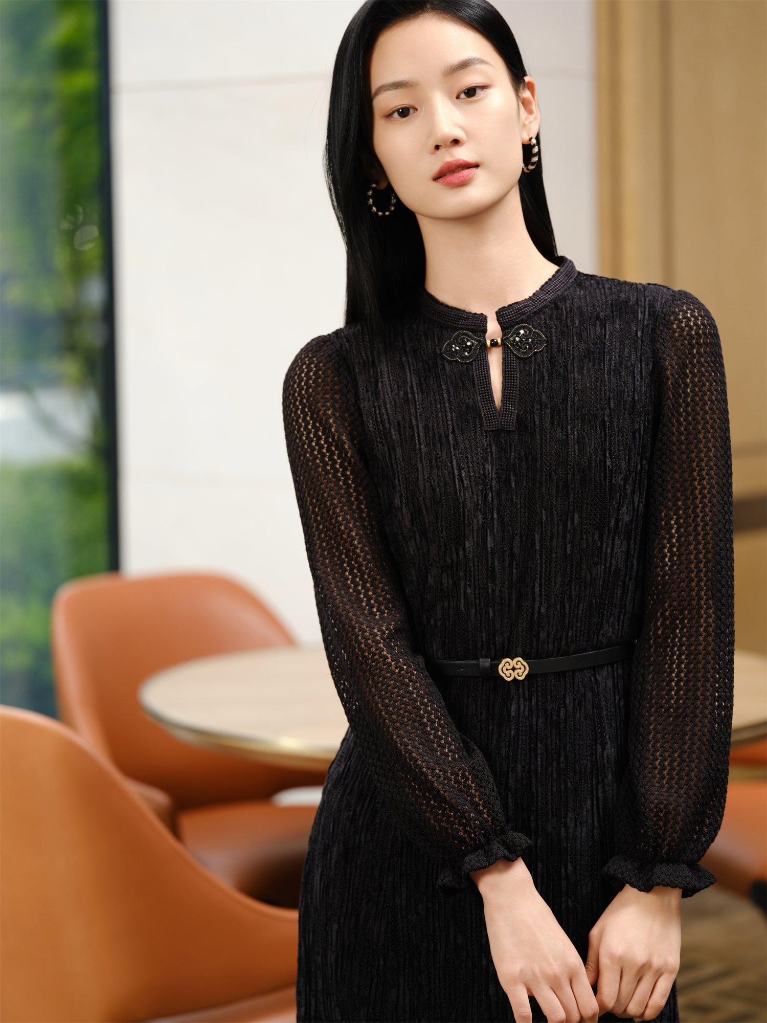 Chinese Style Pleated Little Dress | Black