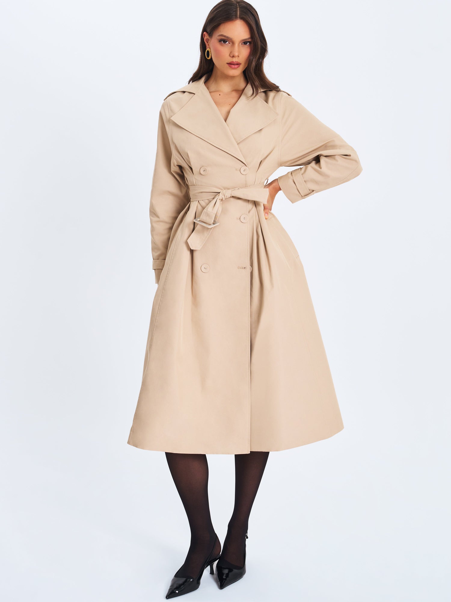 Ulila Double-Breasted Pleated Cotton-Blend Trench Coat | Beige
