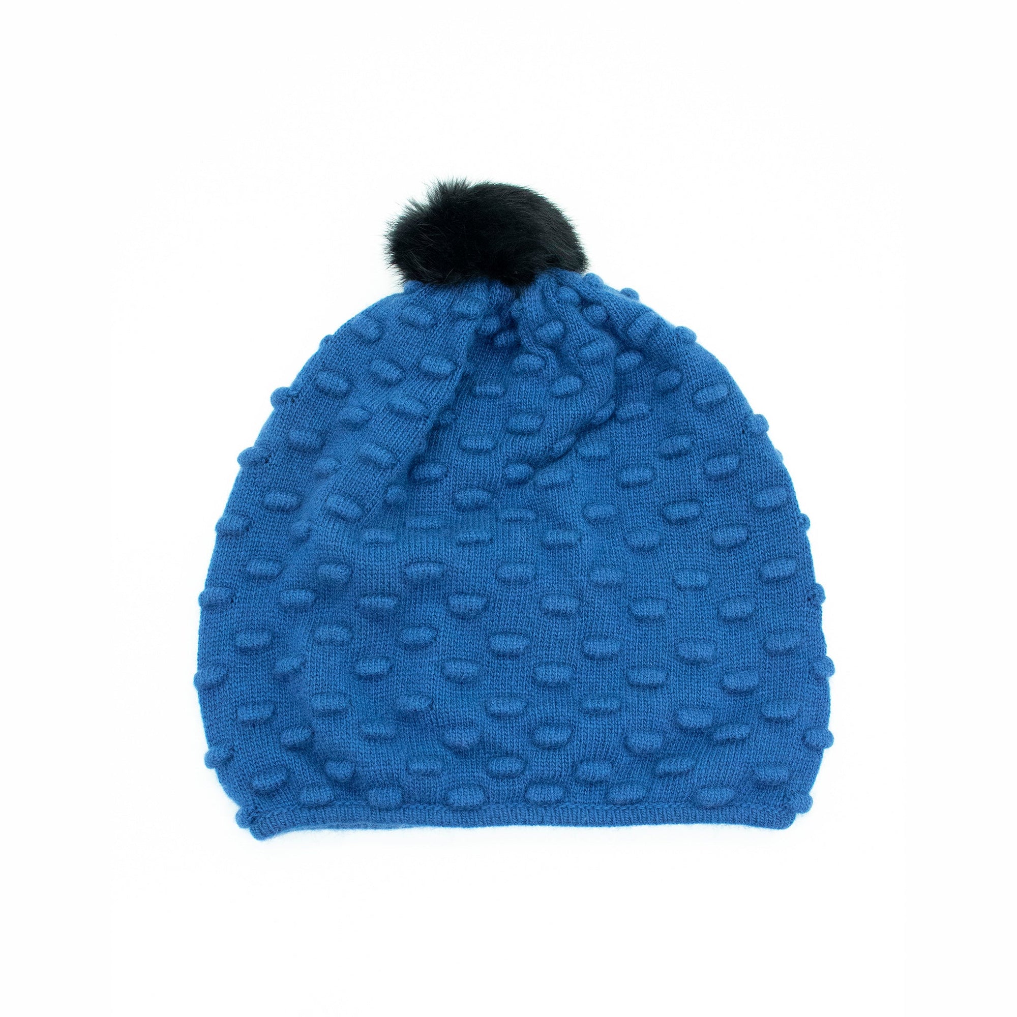 Hat In Popcorn Stitch And Fur Pom | Happy Blue