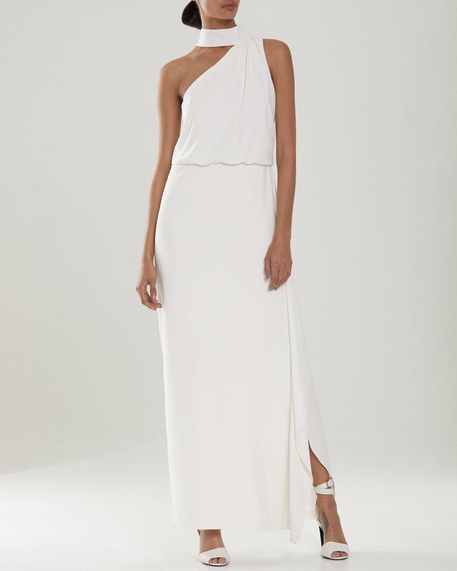 Halston | Io Asymmetric Mock Neck Gown | Chalk
