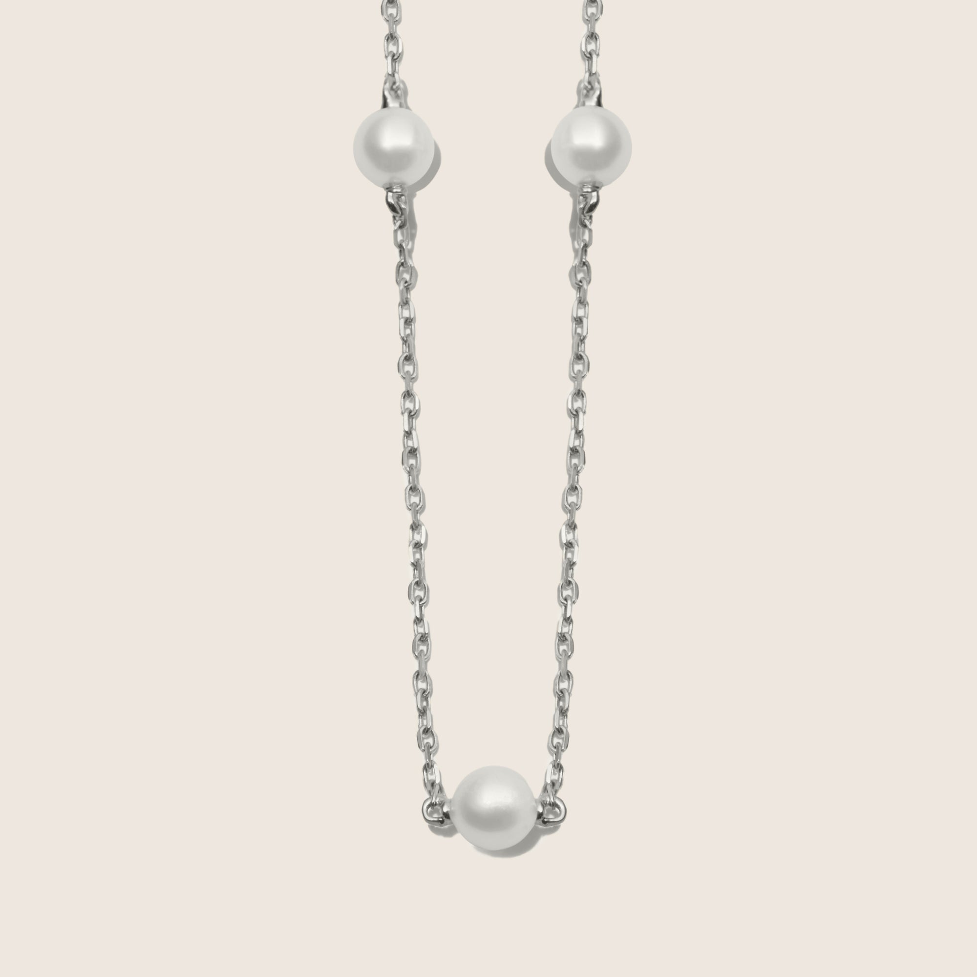 Womens | 14K Solid White Gold | Petite Cultured Pearl Station Necklace | Freshwater Pearls