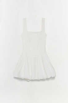 White cotton poplin mini dress with square neckline, sleeveless design, and pleated skirt.