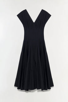 Black cotton midi dress with V-neckline, short sleeves, and pleated skirt.