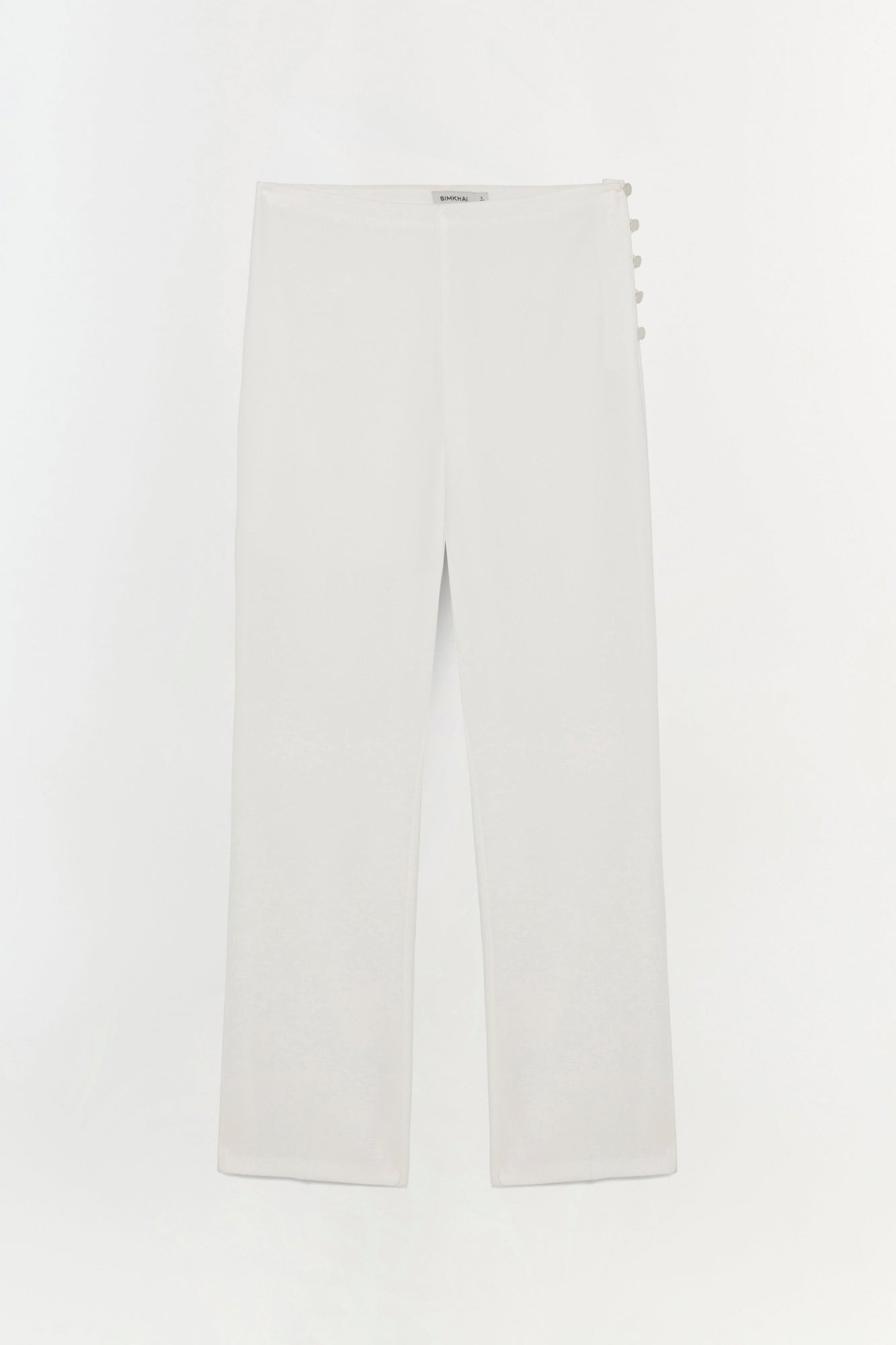 White straight leg trouser with button side closure and flat front waistband.