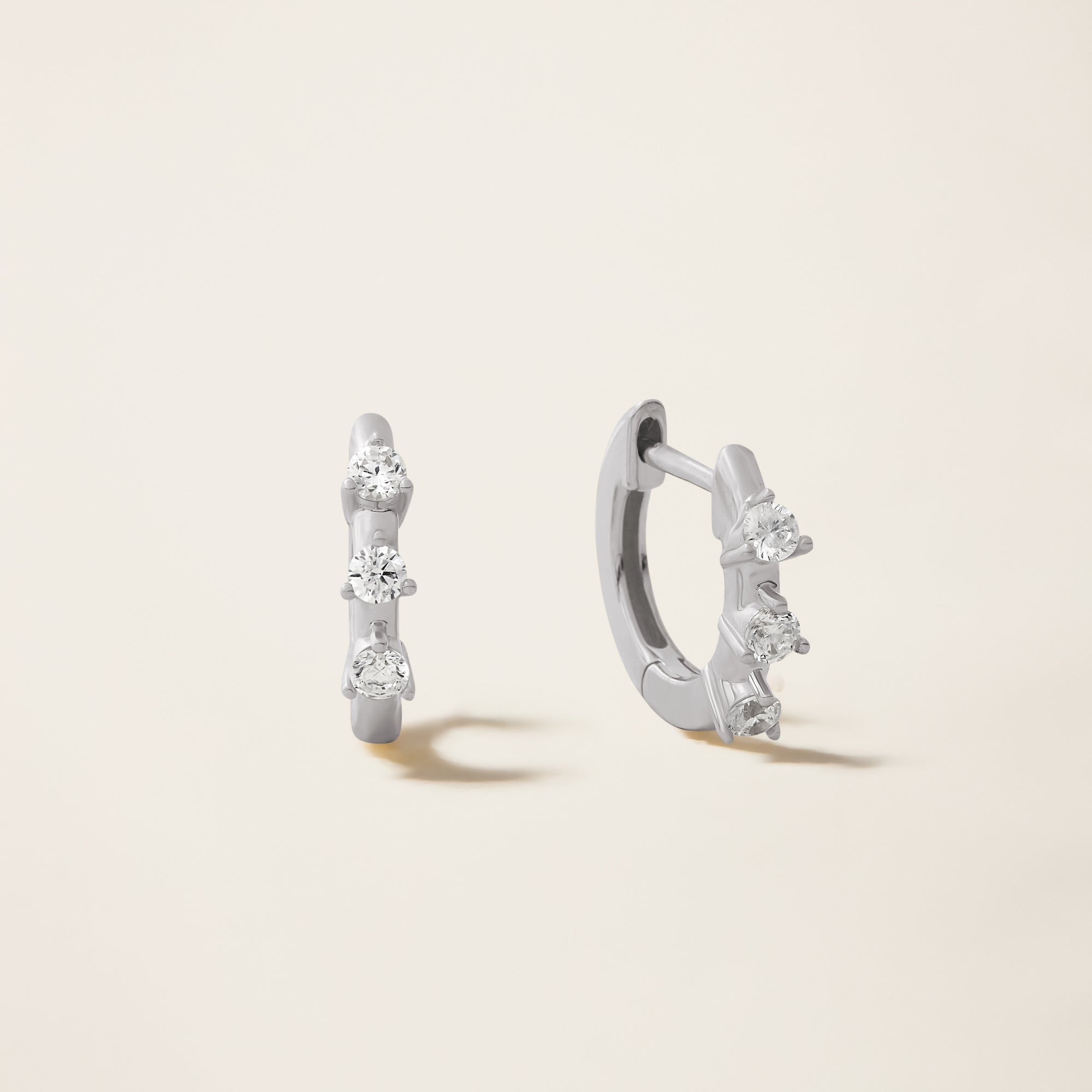 Womens | 14K Solid White Gold | Three-Stone Huggie Earrings | 0.24 CTW Diamonds