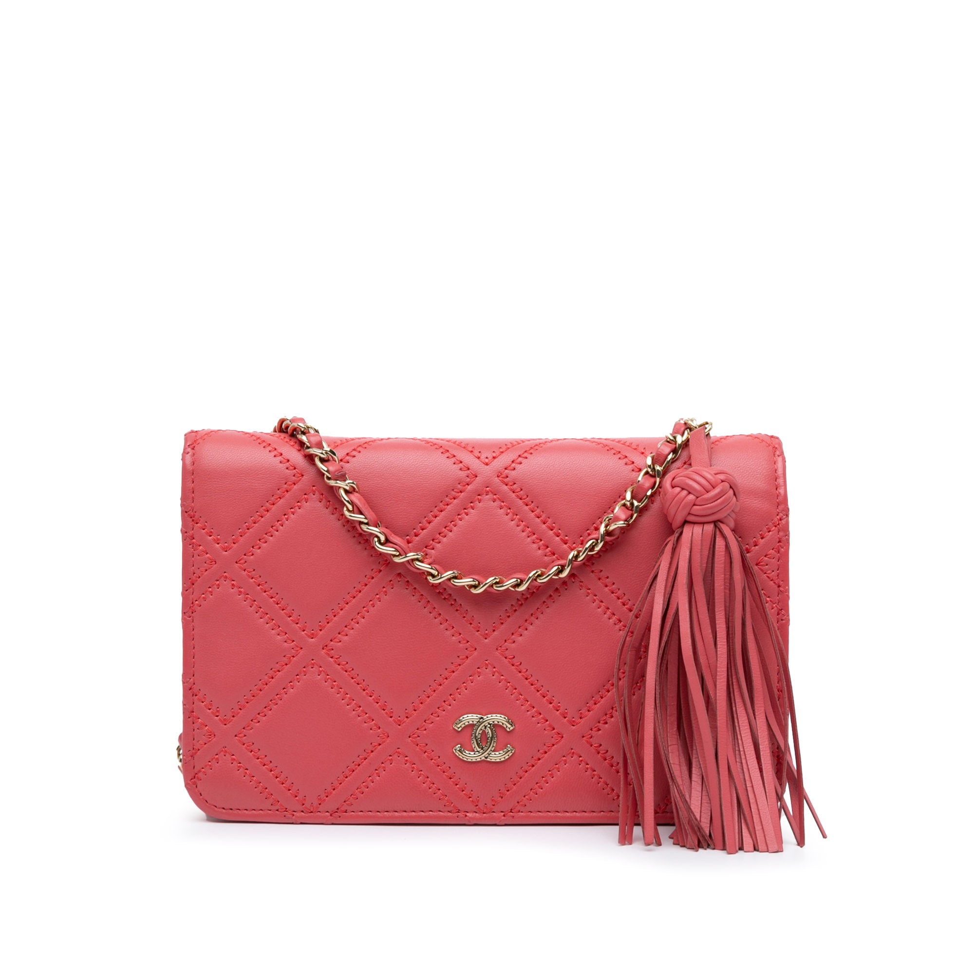 Chanel | Pre-Owned Quilted Lambskin Double Stitch Tassel Wallet On Chain | Pink