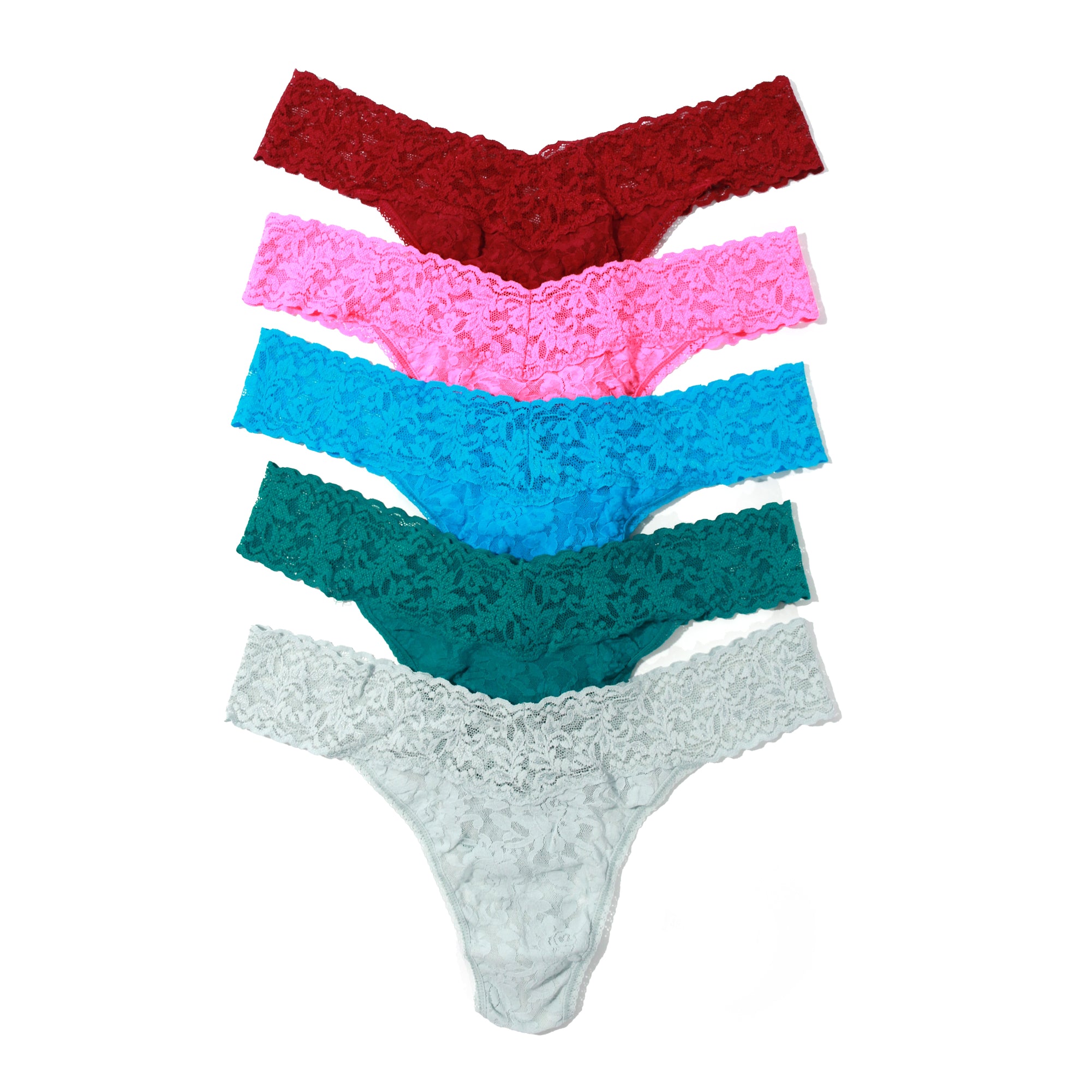 5-Pack Signature Lace Original Rise Thongs | Dark Pomegranate/Fiesta Pink/Fiji Blue/Dark Teal/Pearl Grey