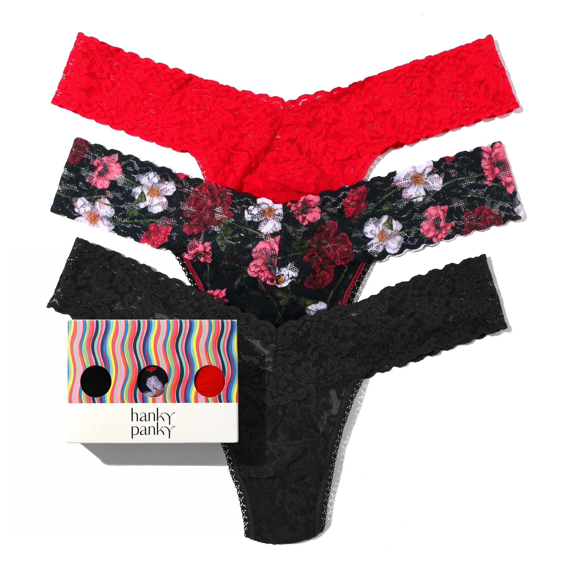 3-Pack Signature Lace Low Rise Thongs | Red/Am I Dreaming/Black