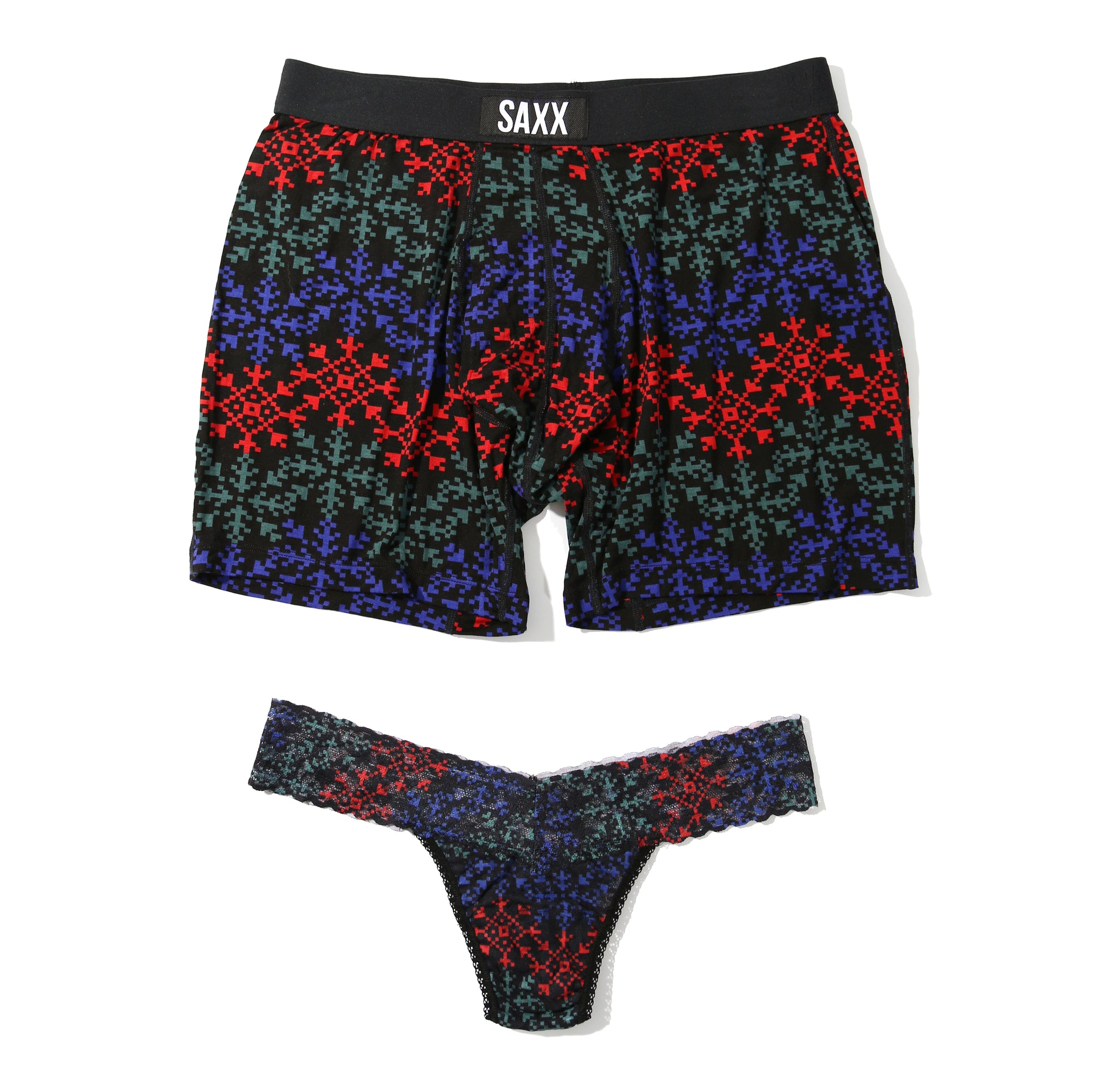 Sinature Lace Low Rise Thong & Saxx Boxer Brief | Snow Flake Chevron (Black)