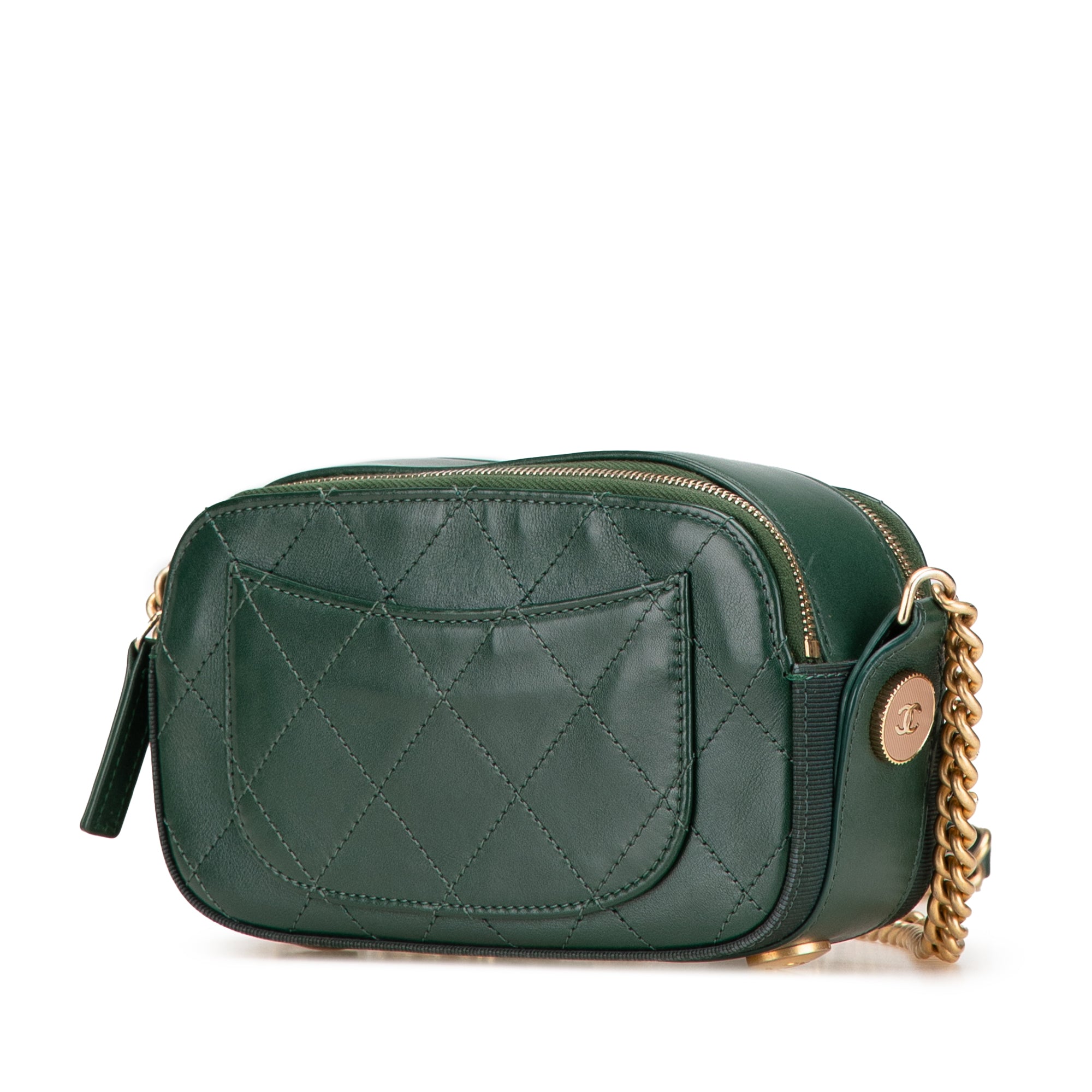 Chanel | Pre-Owned Stitched Calfskin and Grosgrain Button Up Double Zip Camera Bag | Green/Dark Green
