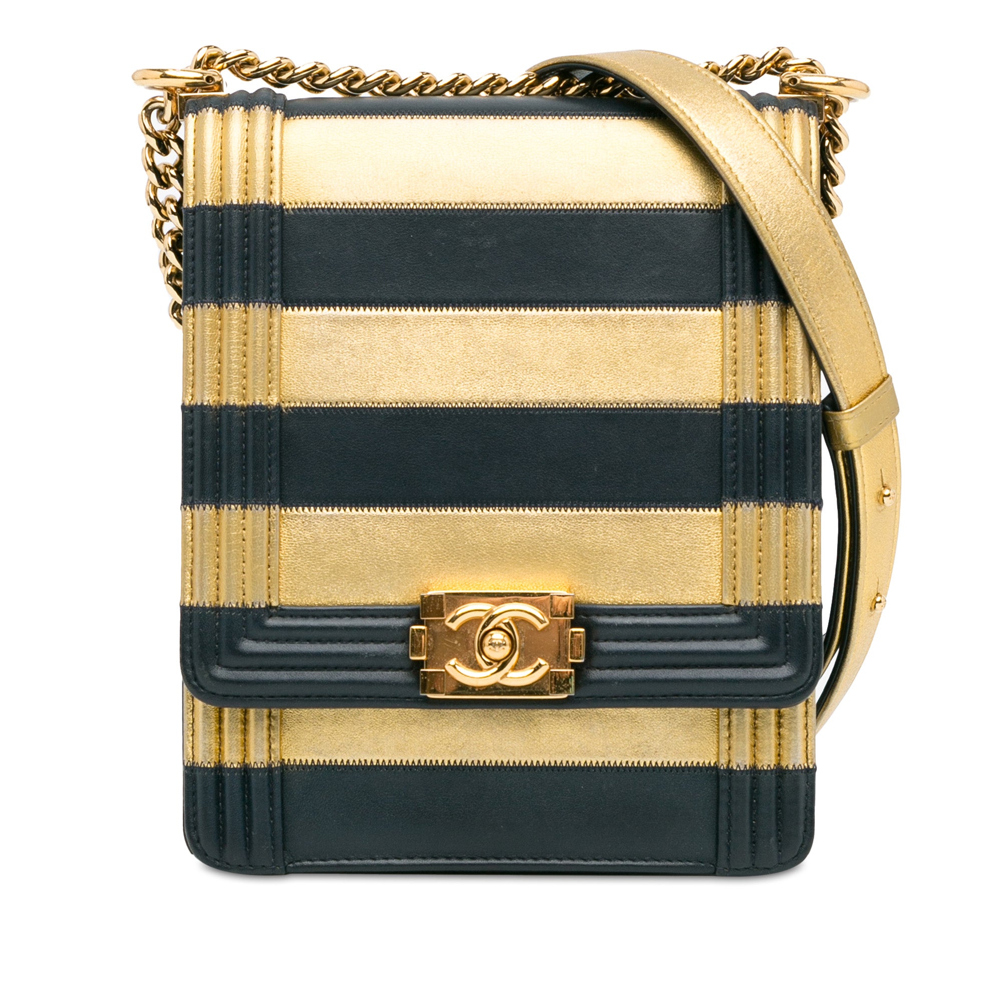 Chanel | Pre-Owned Metallic Lambskin Striped North South Boy Flap | Gold