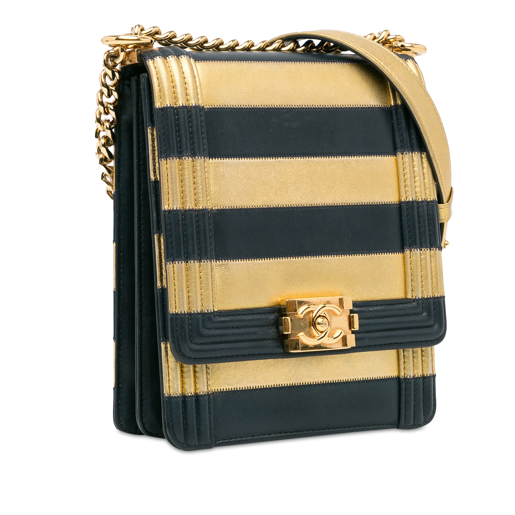Chanel | Pre-Owned Metallic Lambskin Striped North South Boy Flap | Gold