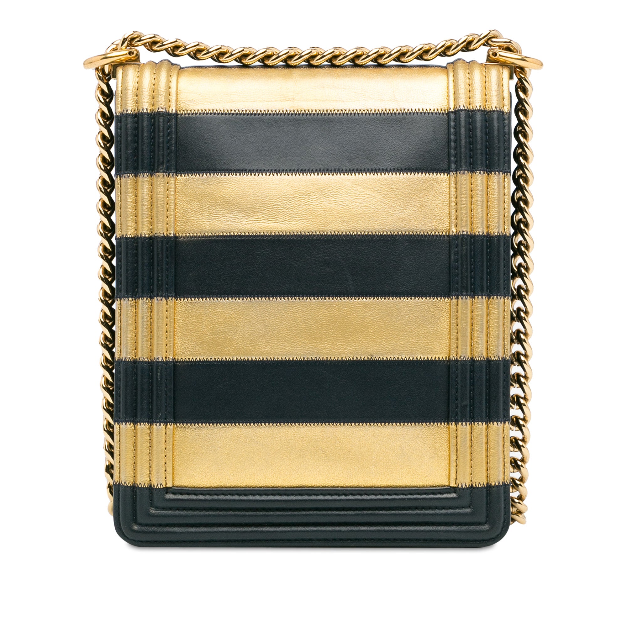Chanel | Pre-Owned Metallic Lambskin Striped North South Boy Flap | Gold
