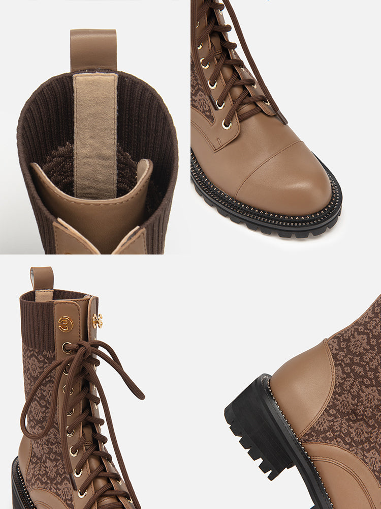 Knit Lace Up Ankle Boots | Brown