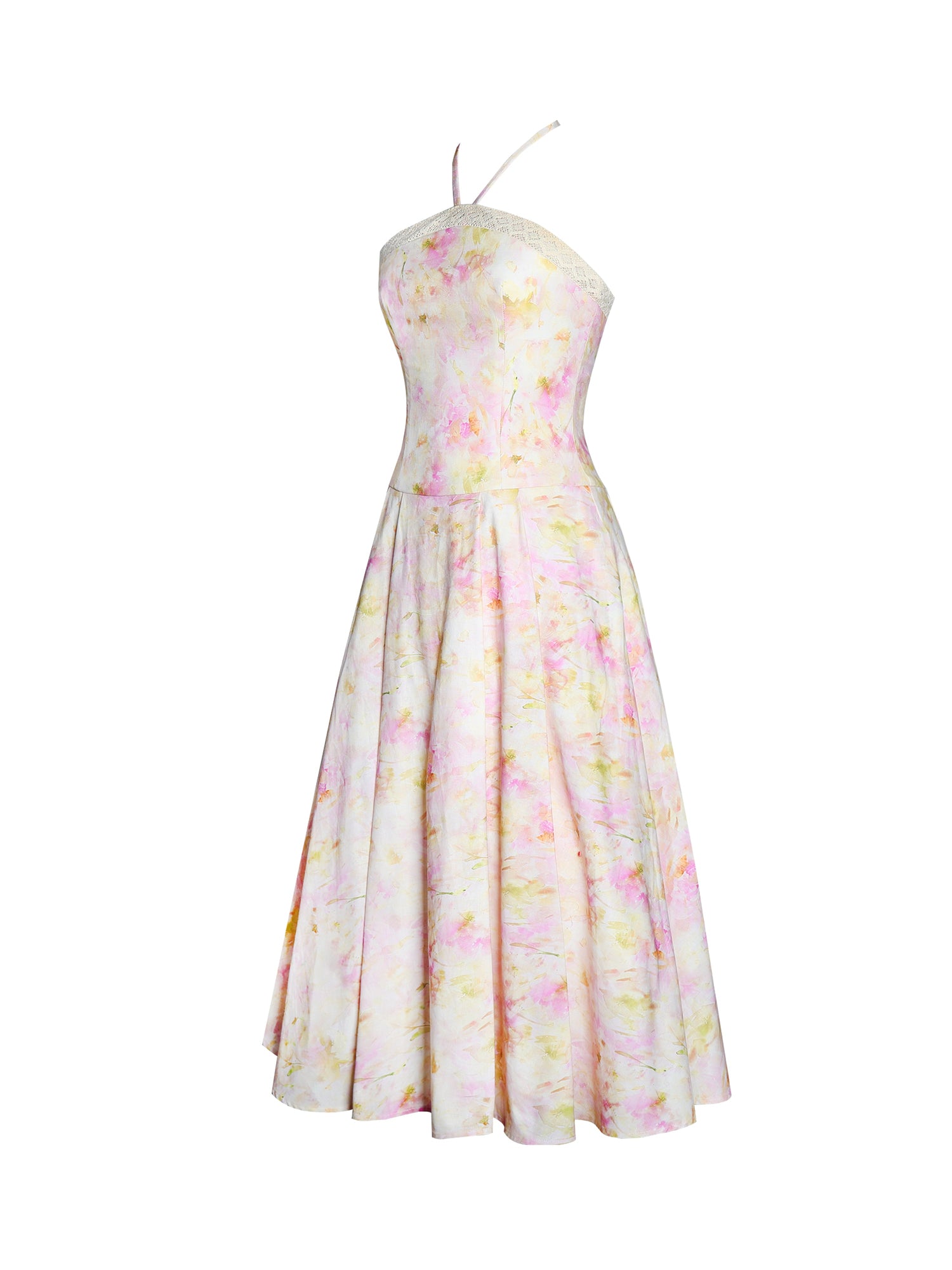 Zaina Floral Print Lace Trim Linen Midi Dress | Yellow and Pink