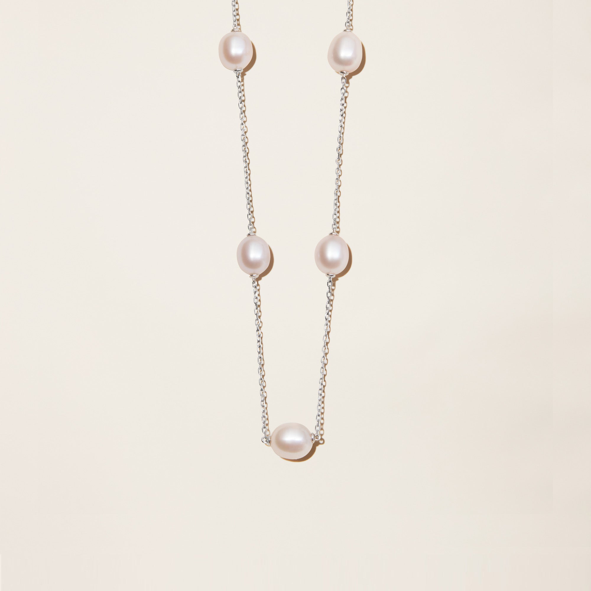 Womens | 14K Solid White Gold | Cultured Pearl Station Necklace | Freshwater Pearls