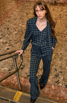 Oversized Check Tie Neck Top | Navy