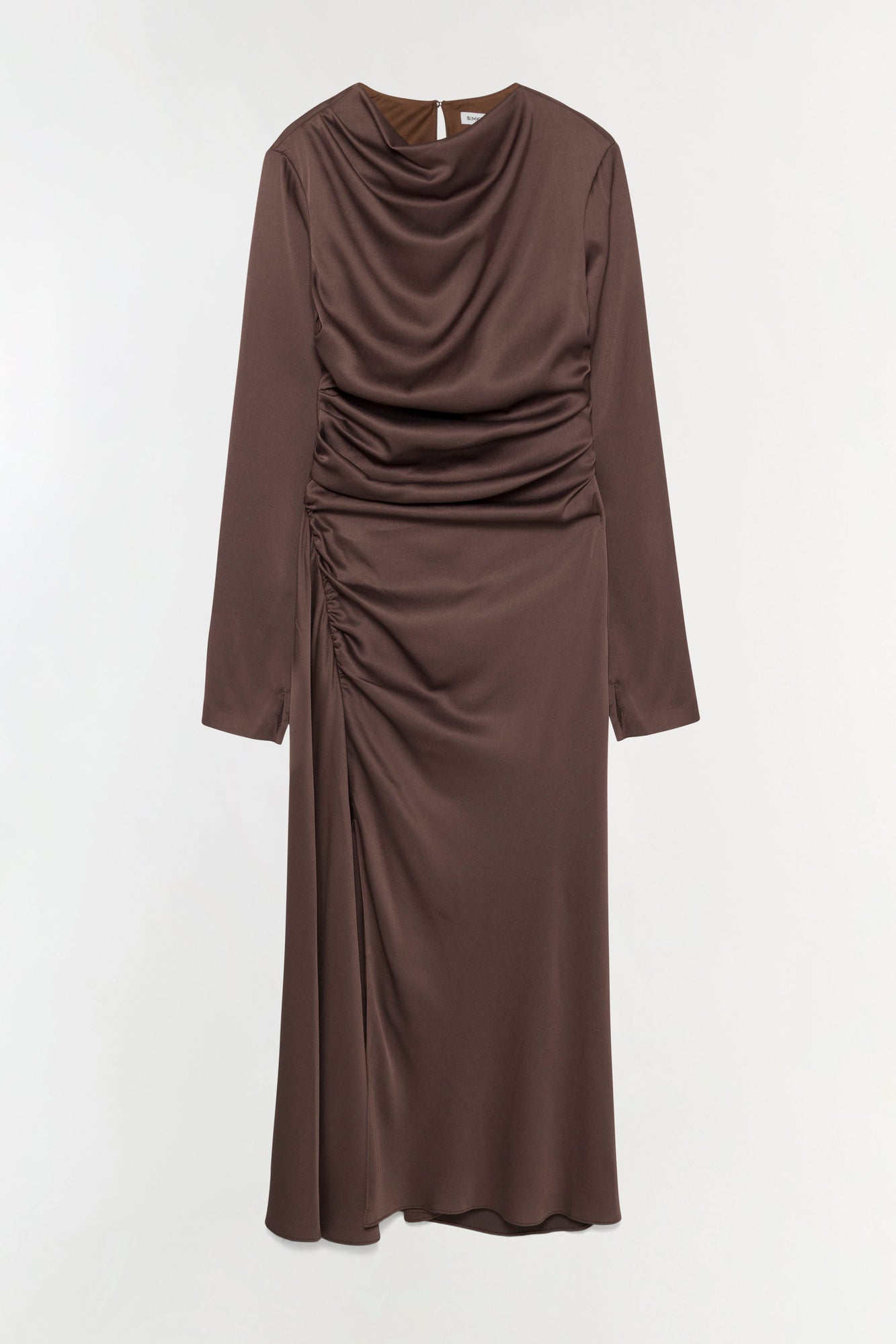 Brown satin midi dress with long sleeves, cowl neckline, and ruched side detailing.