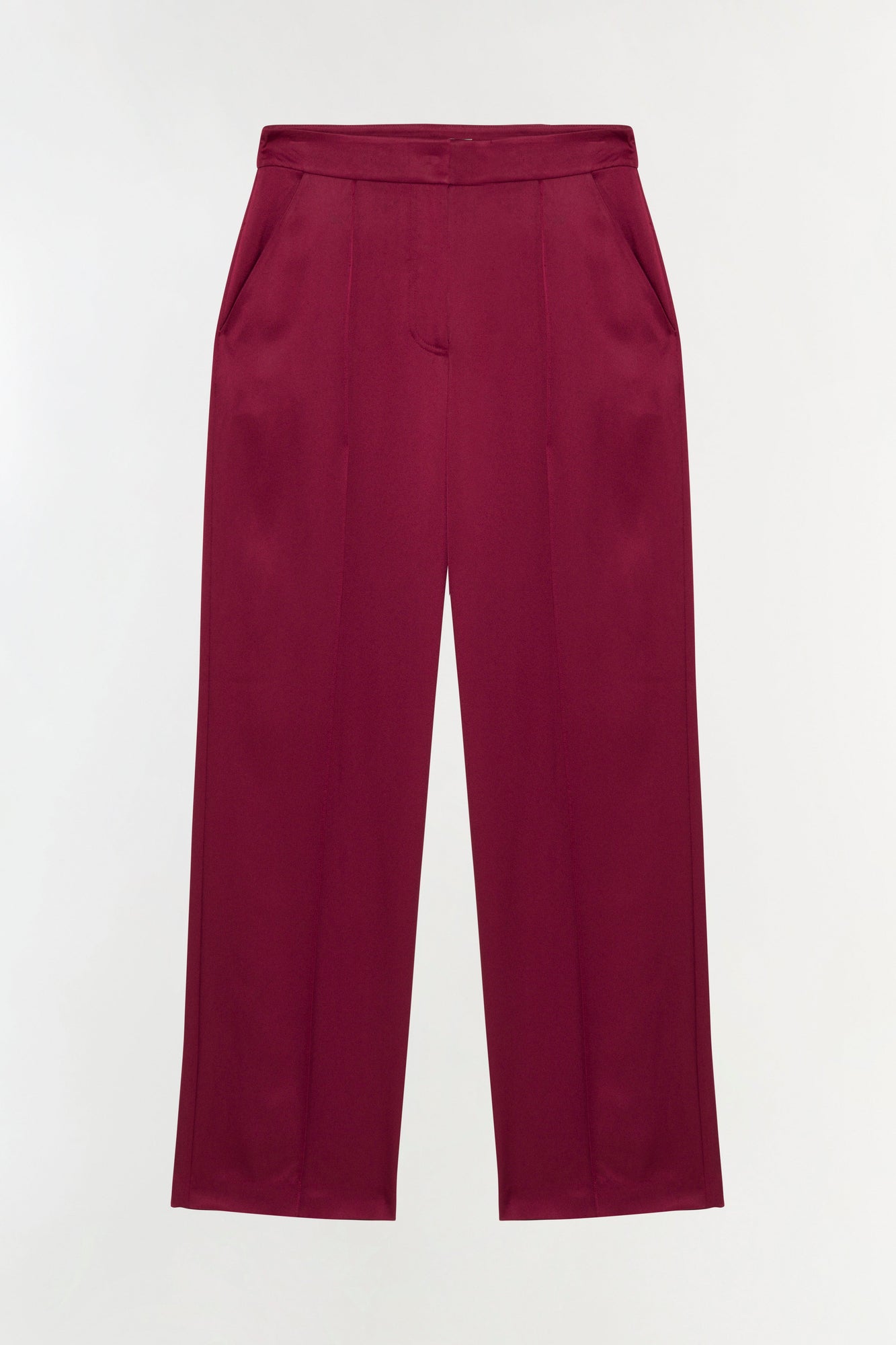 Burgundy satin wide leg pant with high waist and center crease against white background.
