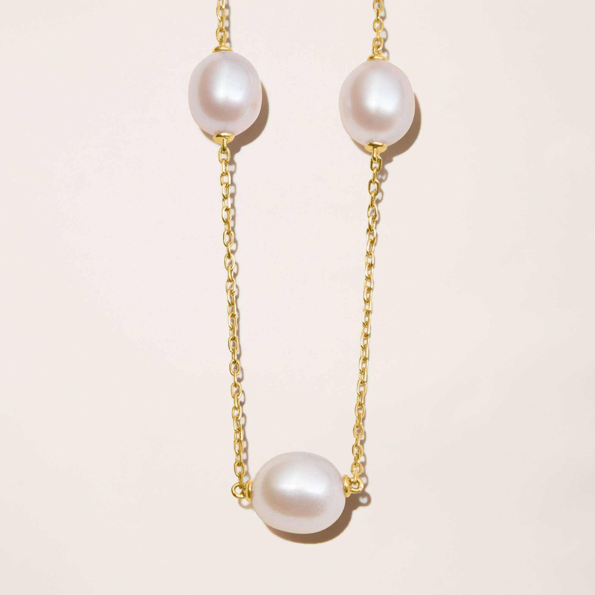 Womens | 14K Solid Yellow Gold | Cultured Pearl Station Necklace | Freshwater Pearls