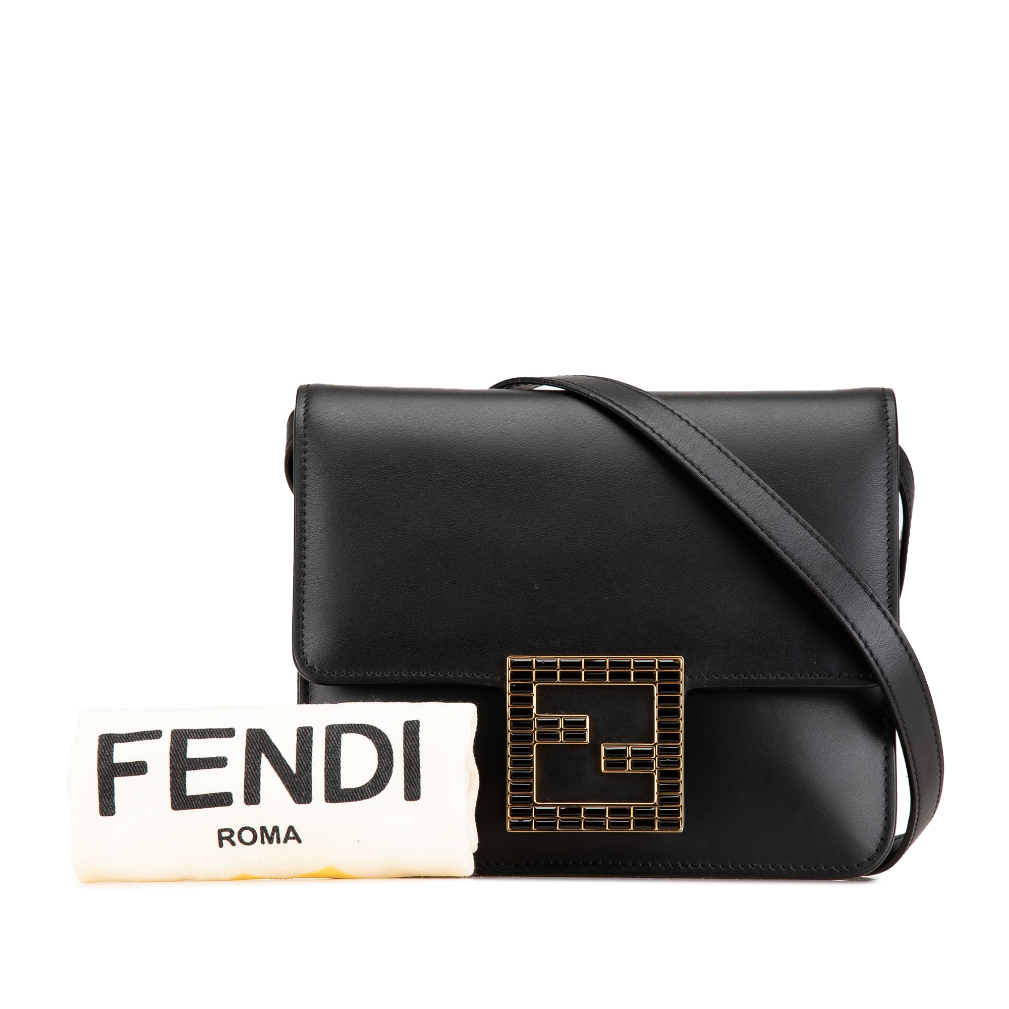 Fendi | Pre-Owned Leather Crystal Fab Crossbody | Black