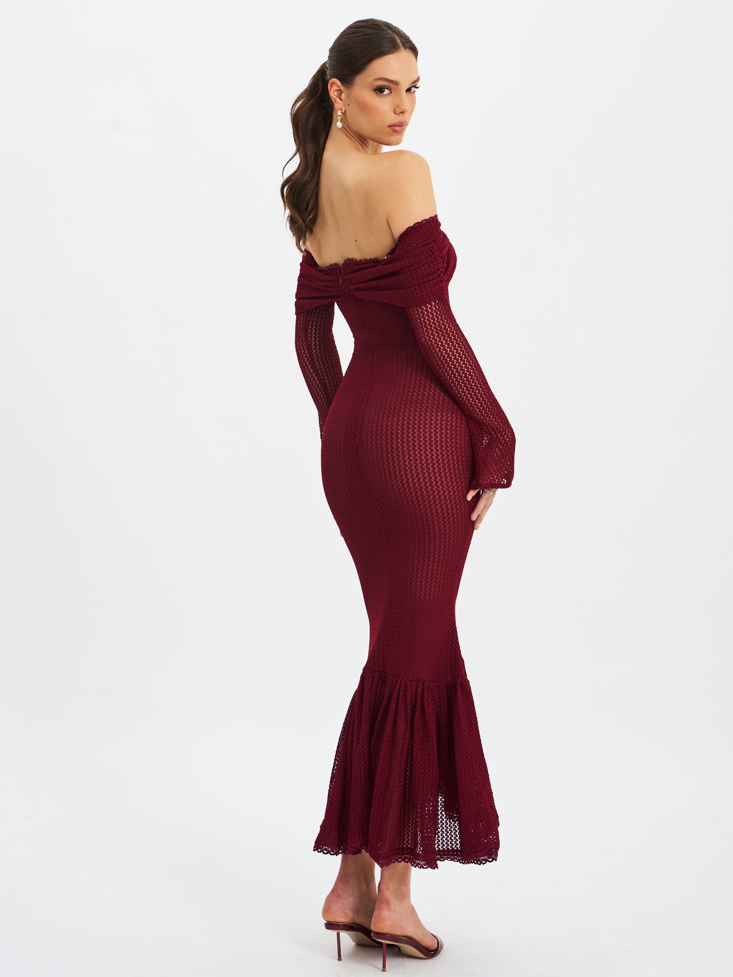 Kaedyn Off Shoulder Long Sleeve Crochet Mermaid Maxi Dress | Burgundy