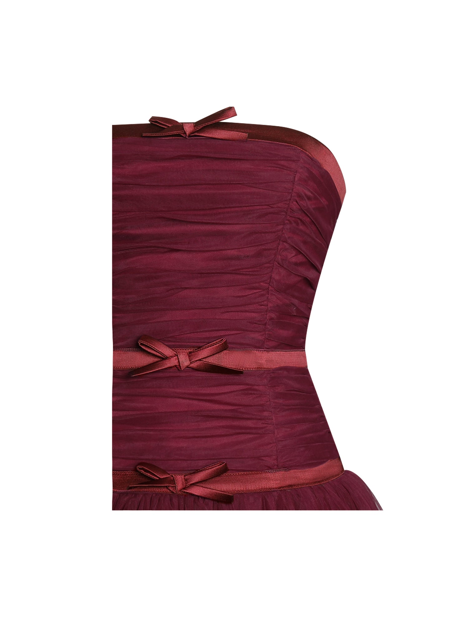 Mabel Drop Waist Layered Mesh Midi Puffy Dress with Bow | Burgundy