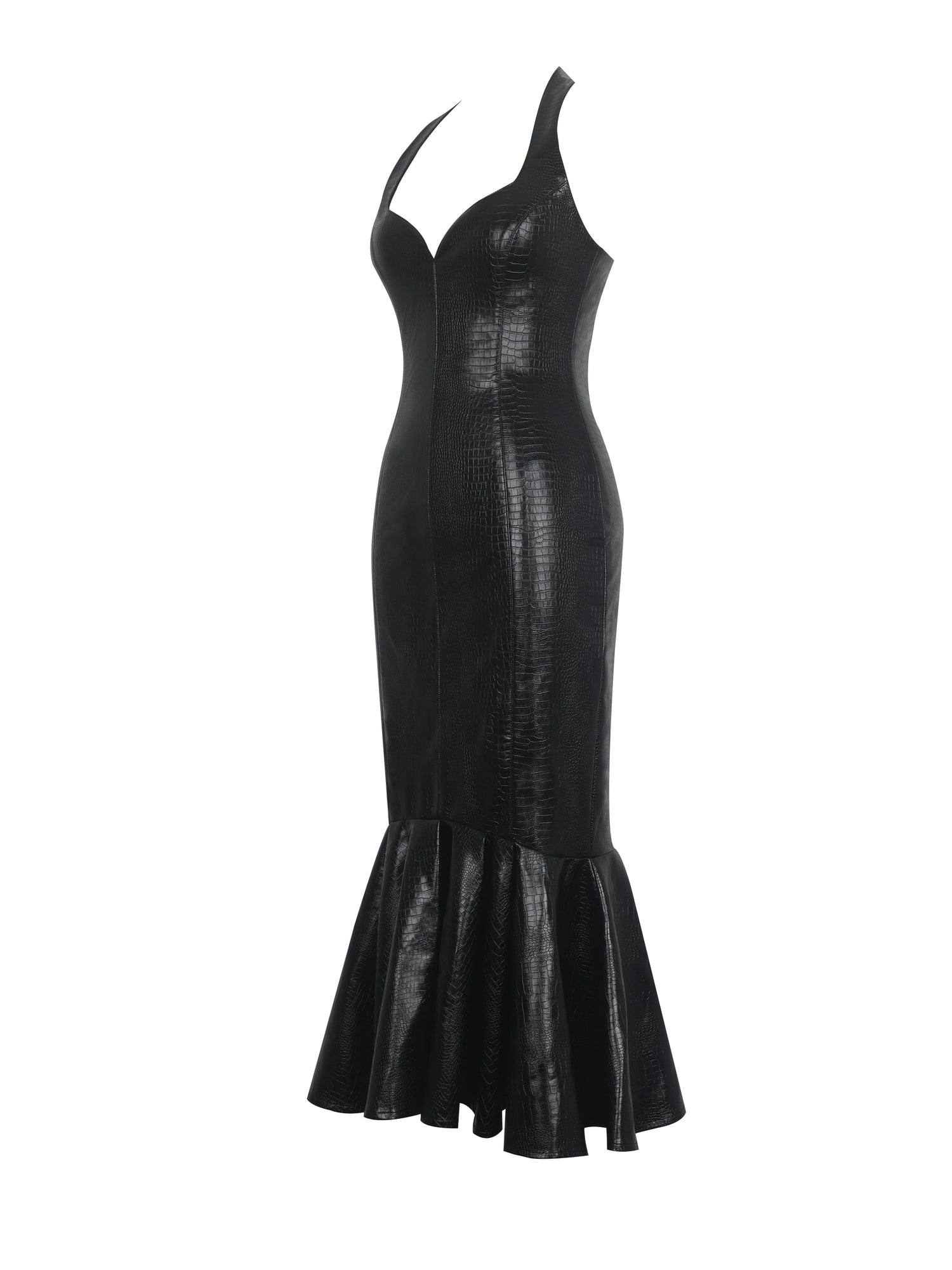 Gardenia Leather Midi Sweetheart Halter Flared Dress | Black