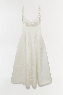 Ivory jacquard midi dress with sweetheart neckline, beaded straps, and full A-line skirt.