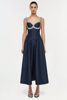 Navy jacquard midi dress with sweetheart neckline, embellished straps, and A-line skirt on model.