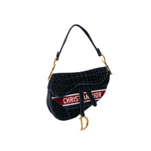 Dior | Pre-Owned Velvet Embroidered Crocodile Effect Saddle Bag | Blue/Navy