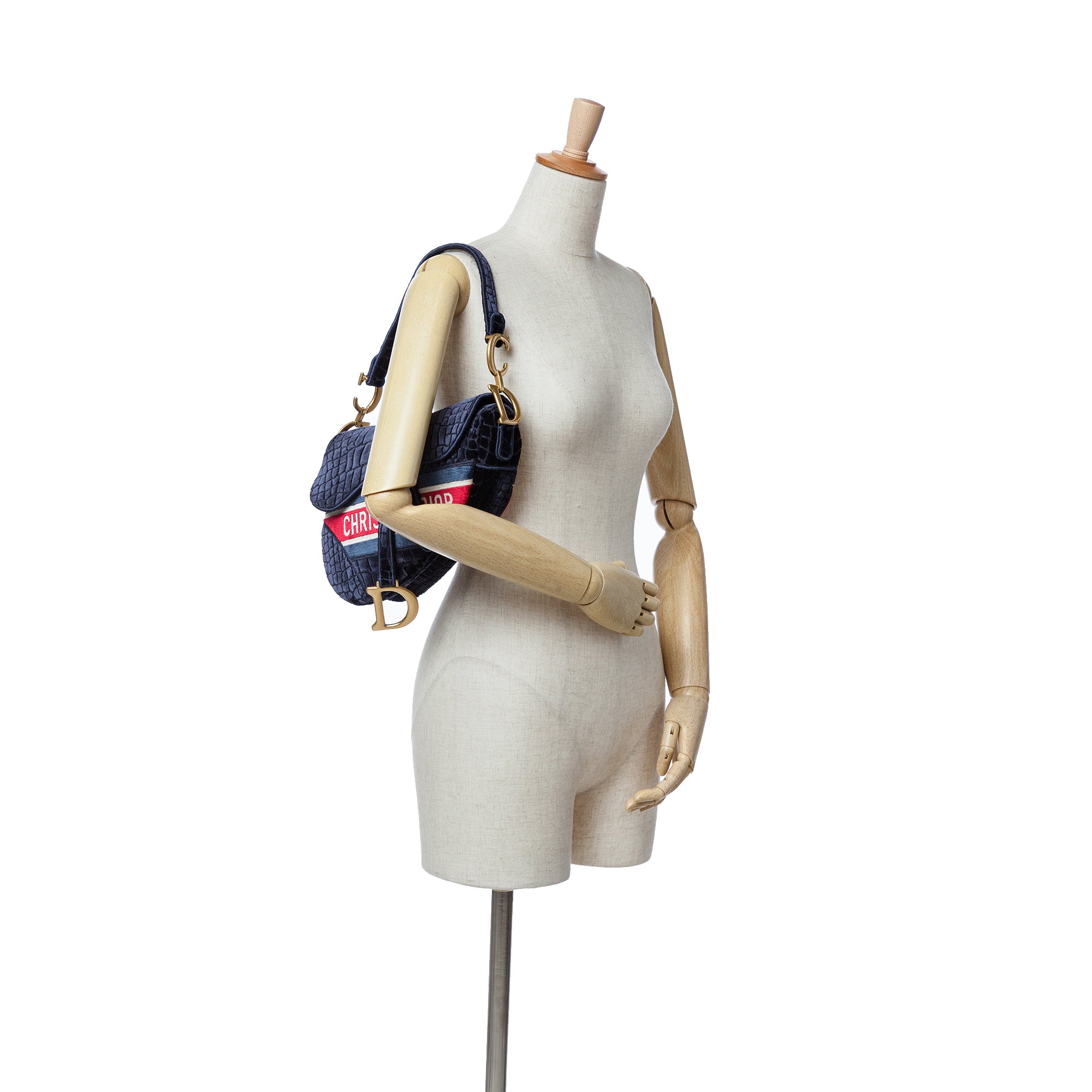 Dior | Pre-Owned Velvet Embroidered Crocodile Effect Saddle Bag | Blue/Navy