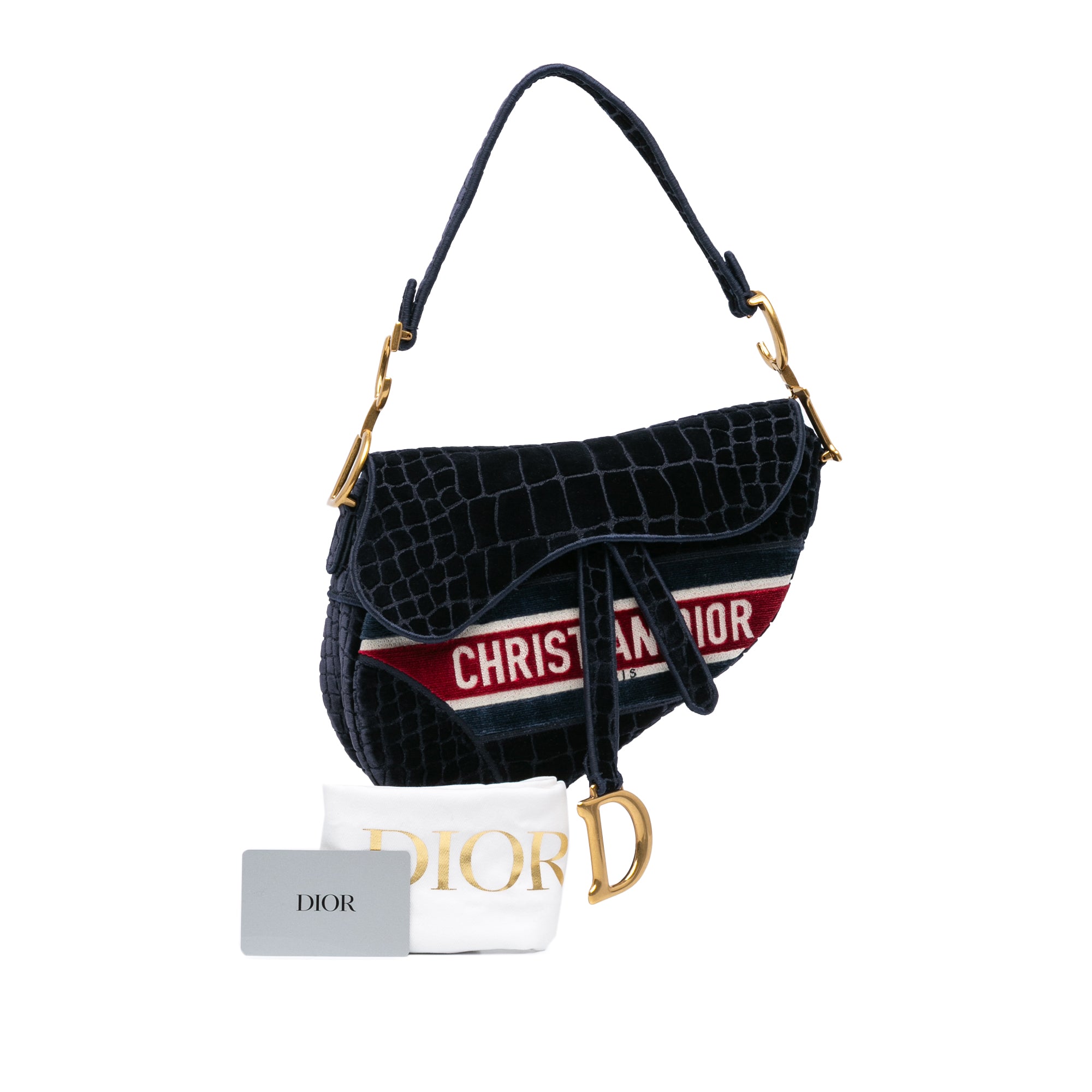 Dior | Pre-Owned Velvet Embroidered Crocodile Effect Saddle Bag | Blue/Navy