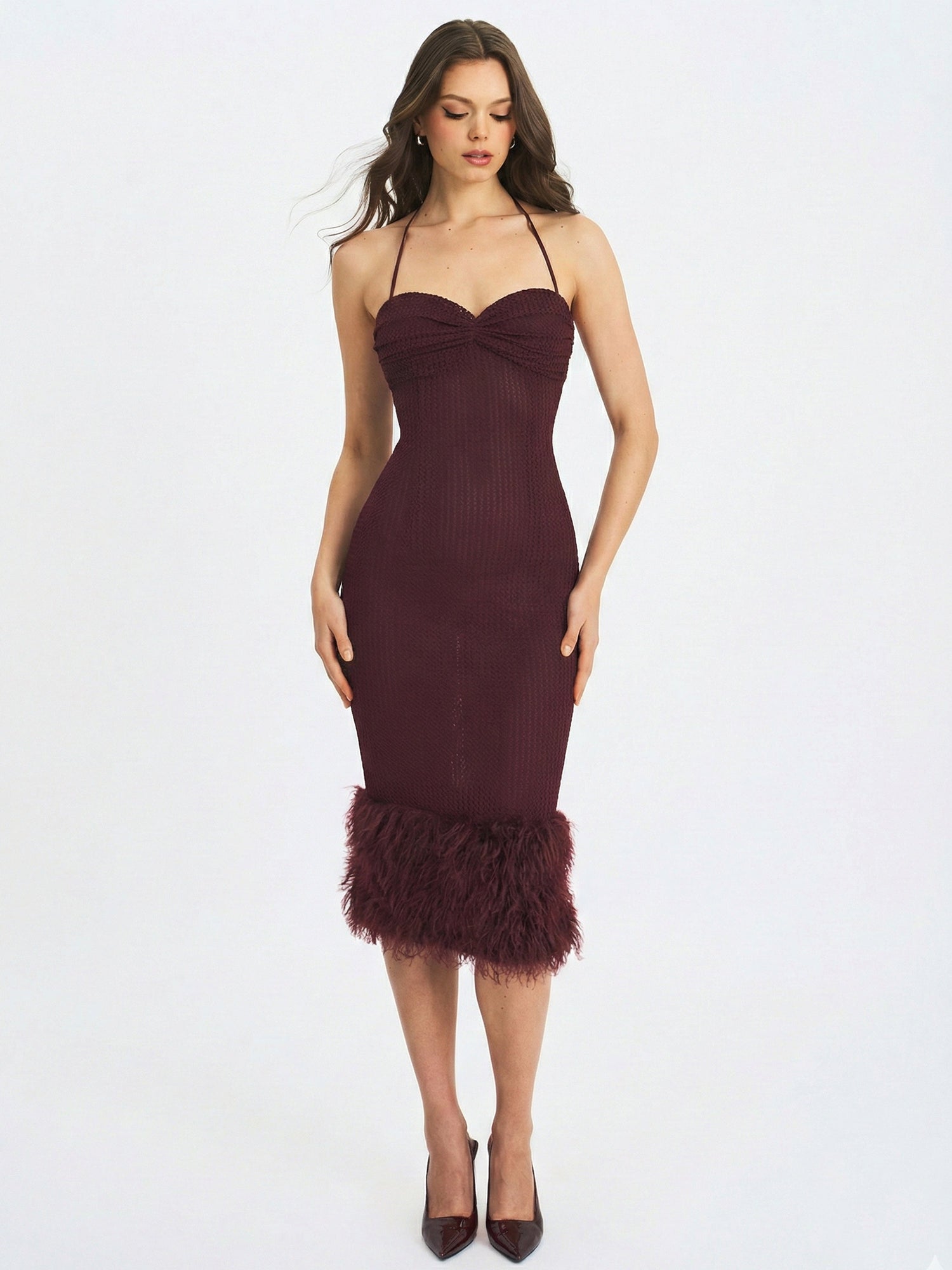 Pluma Halter Faux-Fur Trimmed Midi Dress | Maroon