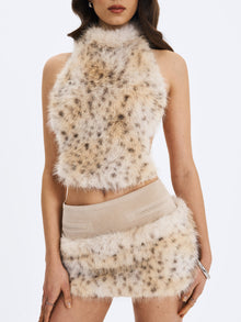 Sasha Cheetah Backless Contoured Fur Halter Top | Tan
