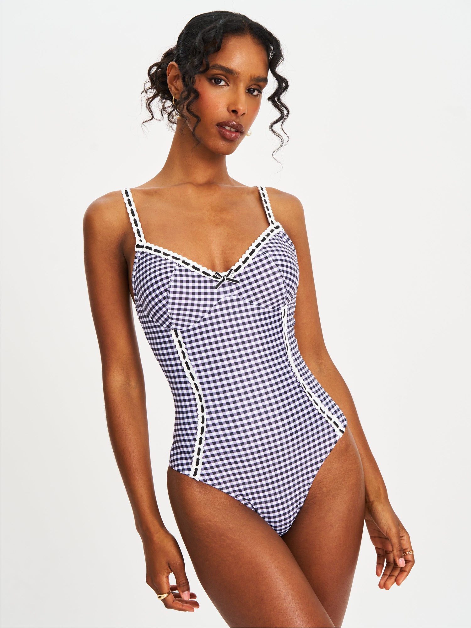 Gigi Lace Strap Backless Swimsuit | Black Gingham